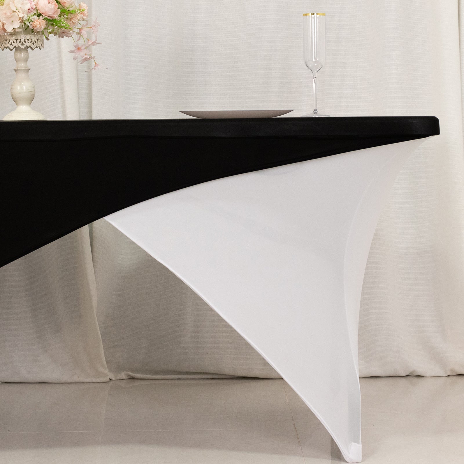 Stretch Spandex 72x30 Rectangle Table Cover Black/White Cross Over Design - Versatile & Sleek Two-Piece Fitted Tablecloth with Elastic Foot Pockets