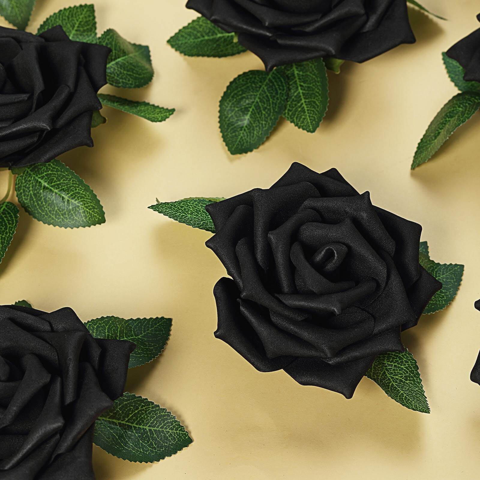 24 Roses 5 Black Artificial Foam Flowers With Stem Wire and Leaves