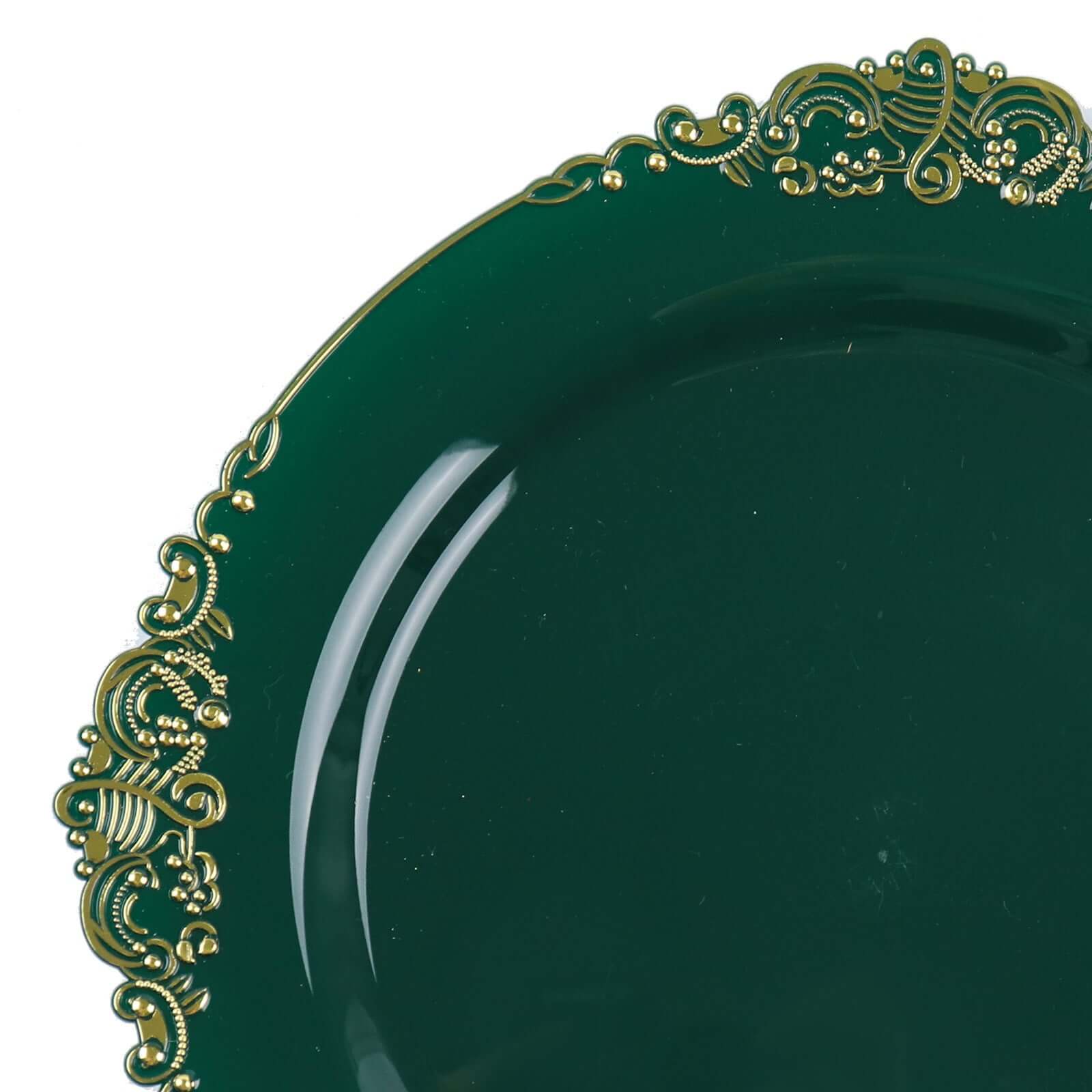 10-Pack Plastic 8 Round Dessert Plates in Hunter Emerald Green with Gold Leaf Embossed Rim - Disposable Vintage Baroque Style Salad Plates