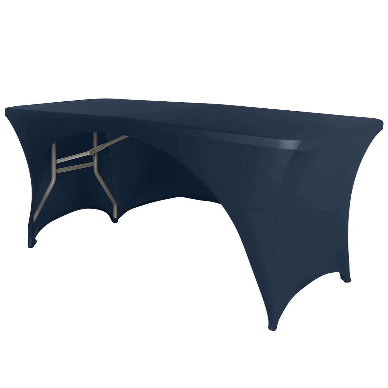 Stretch Spandex 72x30 Rectangular Table Cover Navy Blue with Curved Open Back Design Tailored Professional Look