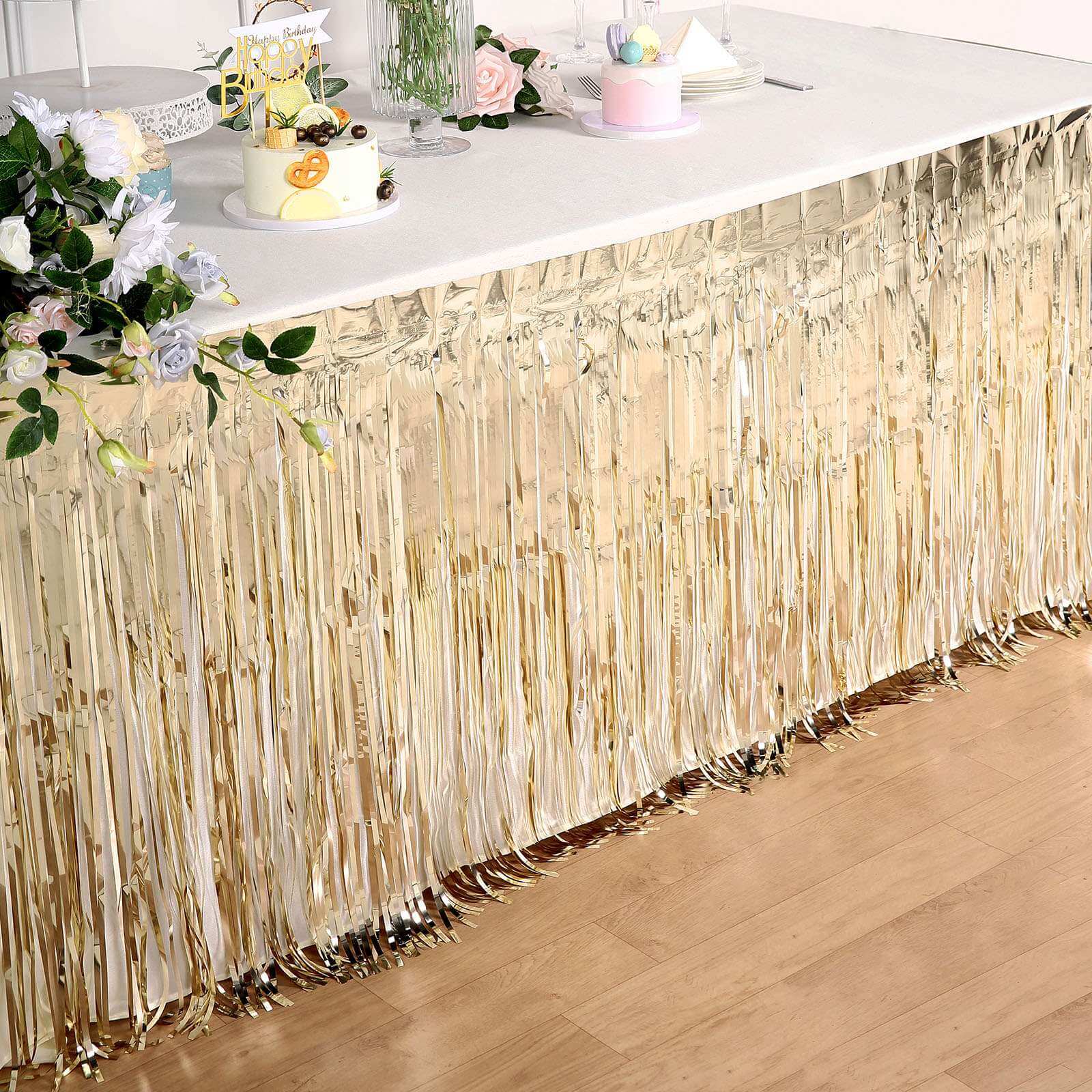 Metallic Foil Fringe Table Skirt Champagne with Self Adhesive Backing - Durable Tinsel Skirt for Parties 30x9ft