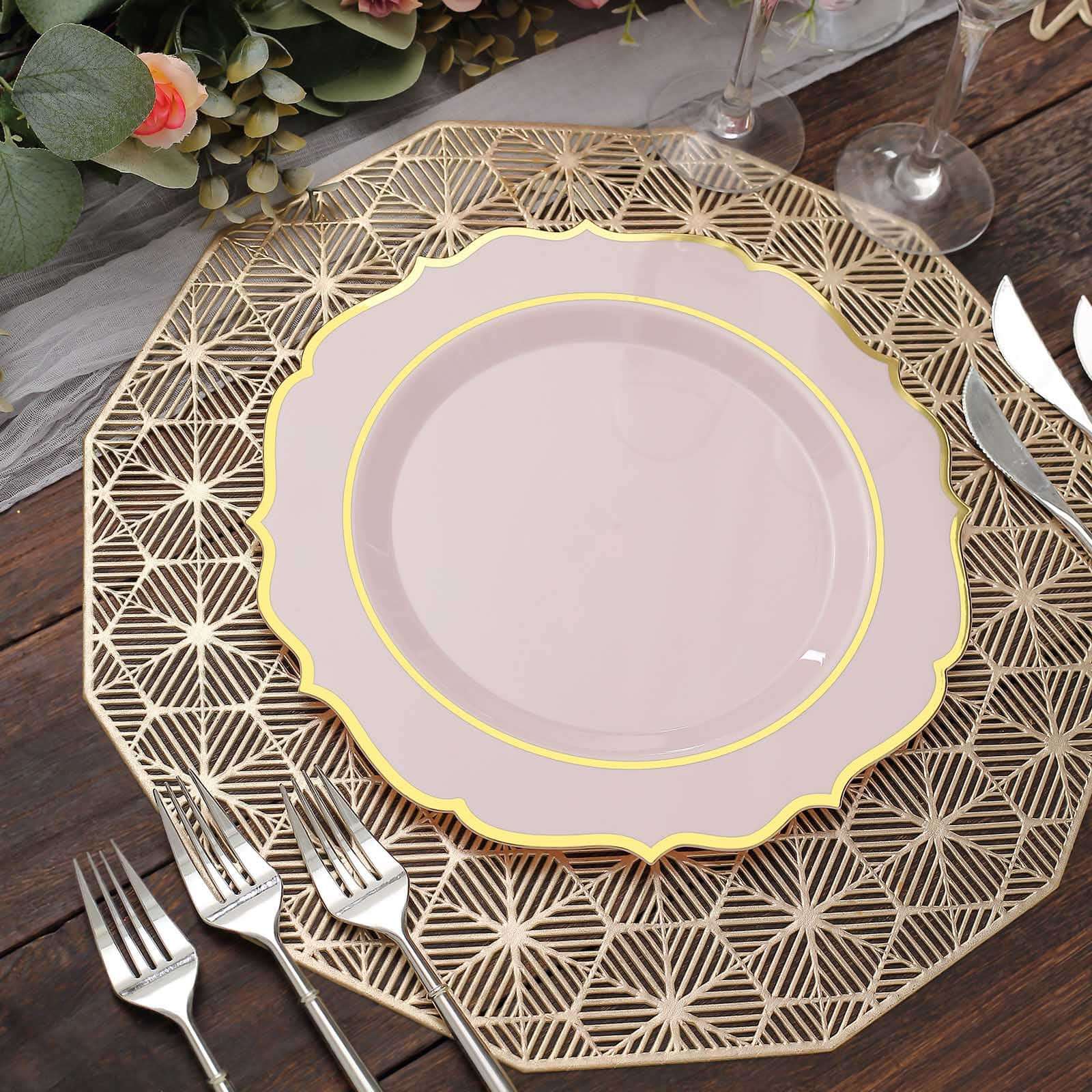 10-Pack Plastic 10 Round Dinner Plates in Blush with Gold Scalloped Rim - Disposable Party Plates