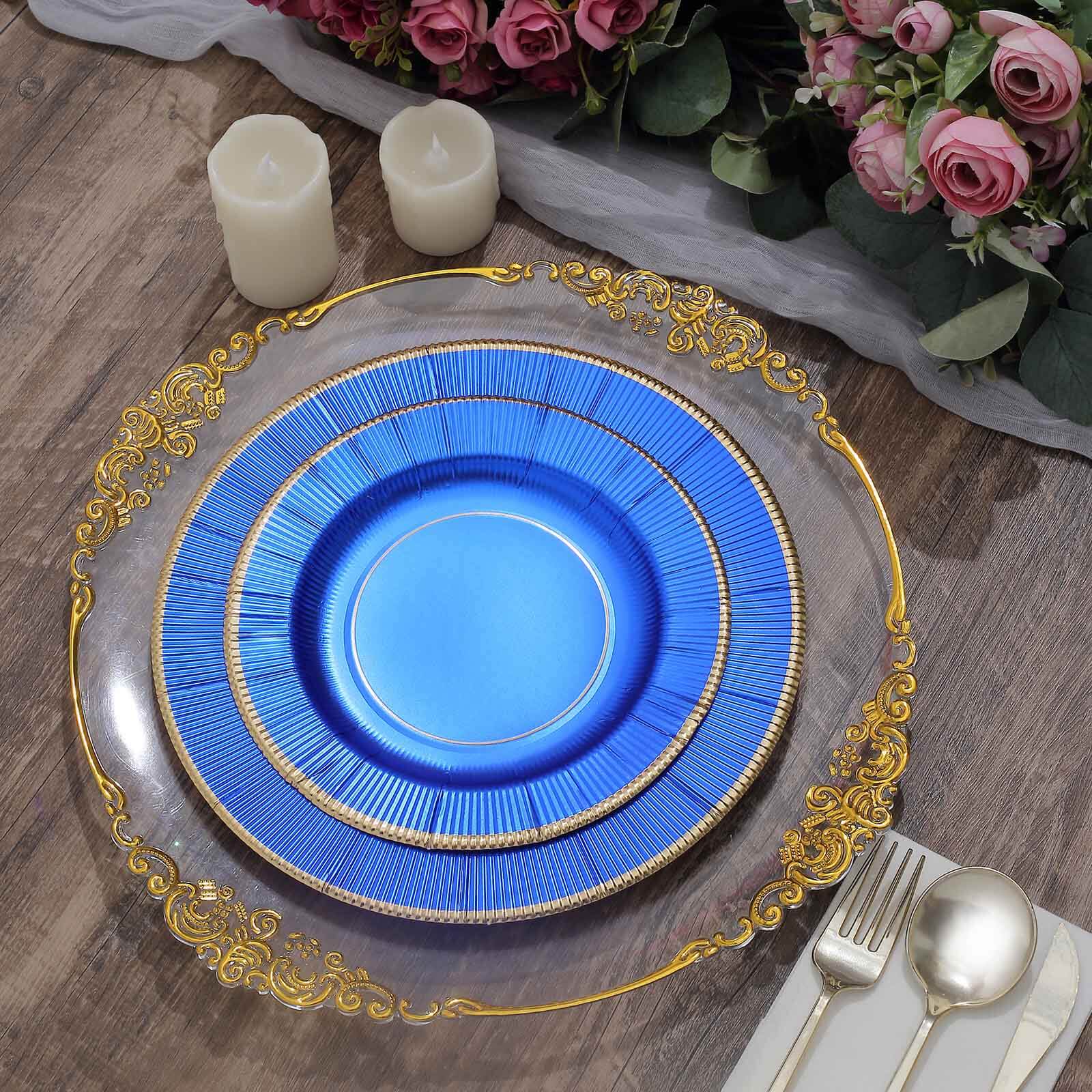 25-Pack Paper 8 Round Dessert Plates in Royal Blue Sunray Design with Gold Rim - Disposable Heavy Duty 350GSM Appetizer Salad Plates