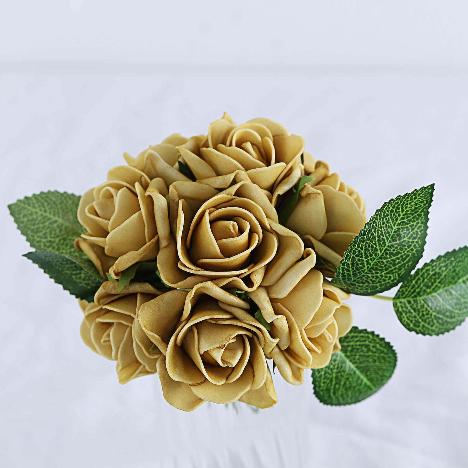 24 Roses 2 Gold Artificial Foam Flowers With Stem Wire and Leaves