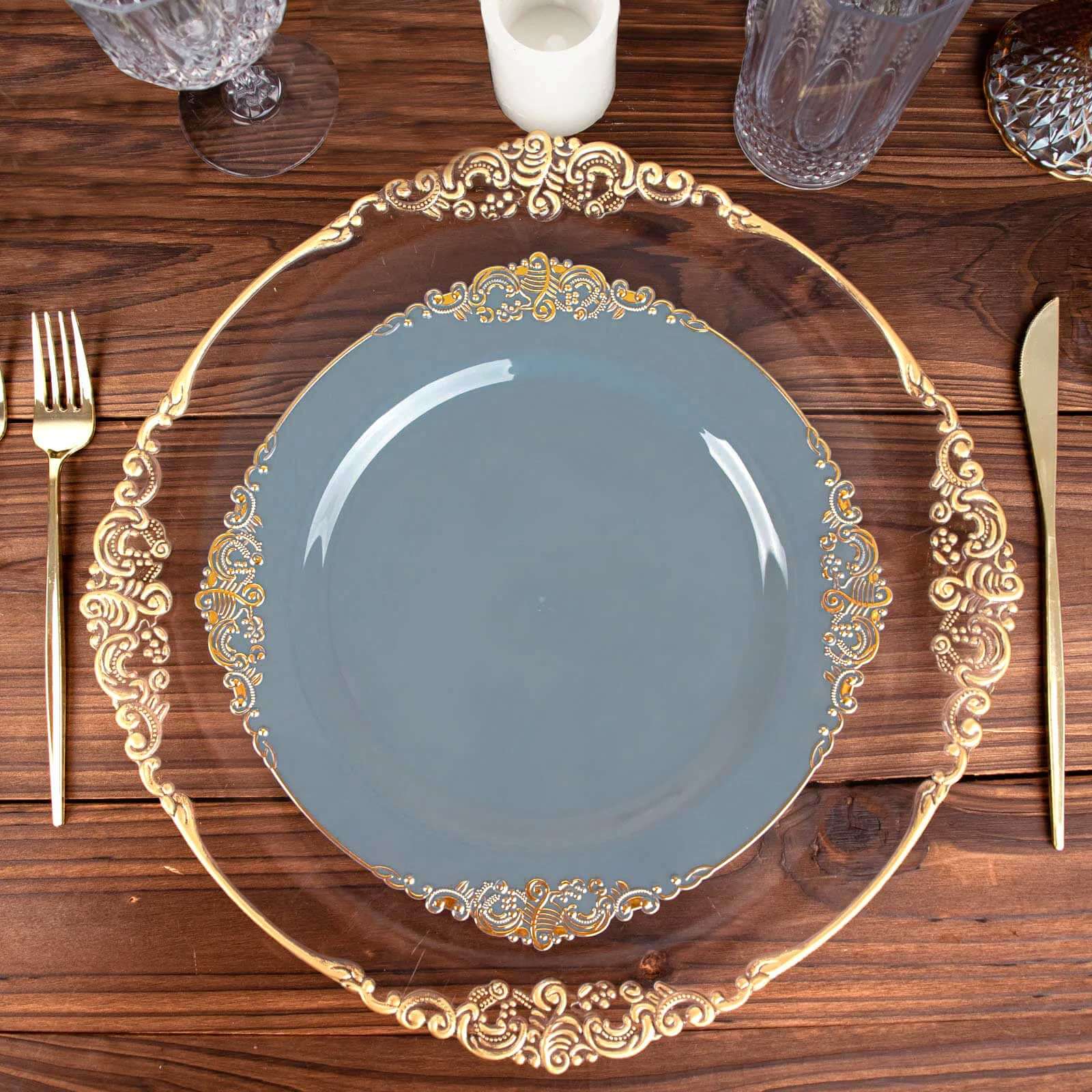 10-Pack Plastic 10 Round Dinner Plates in Dusty Blue with Gold Leaf Embossed Rim - Disposable Vintage Baroque Style Plates