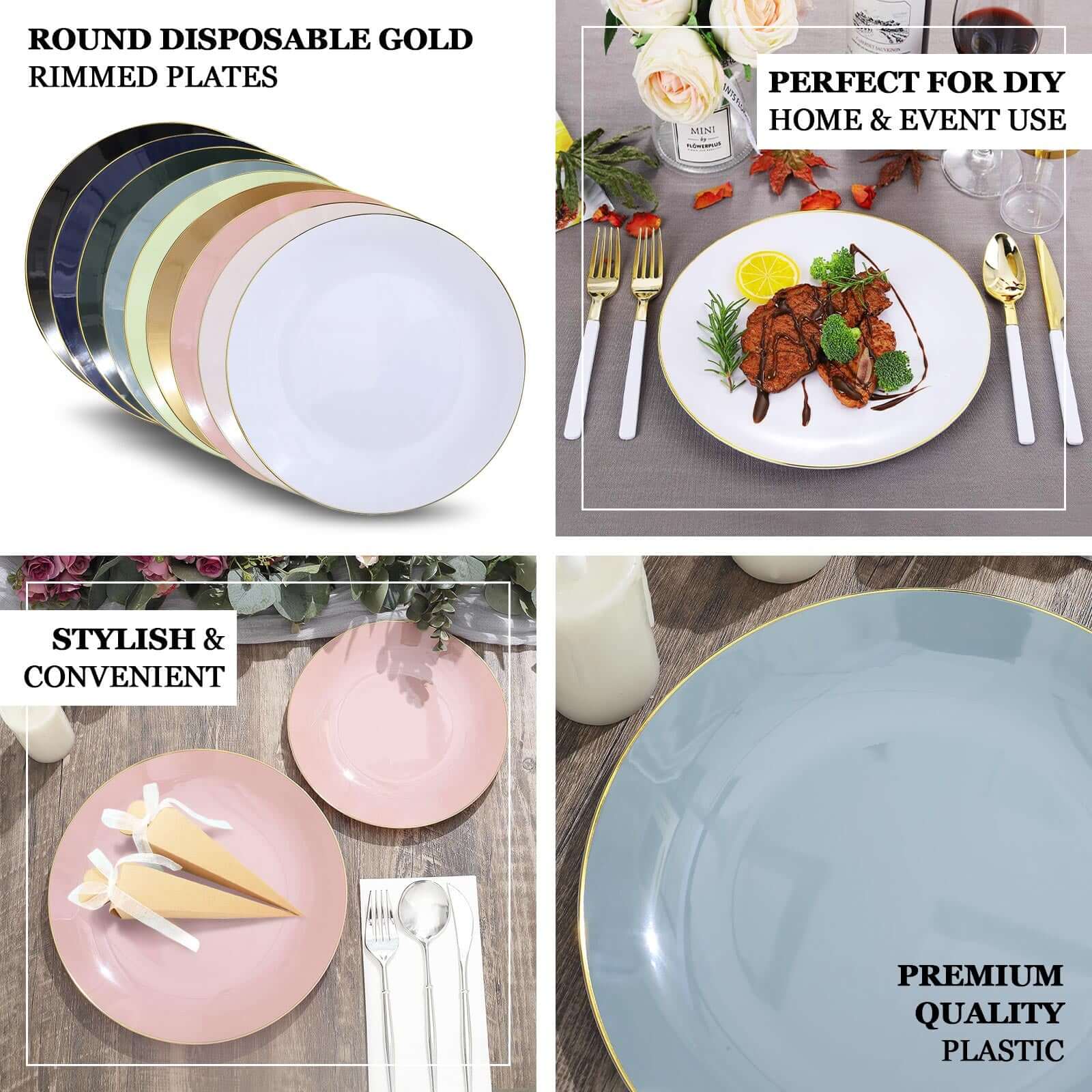 10-Pack Plastic 10 Round Dinner Plates in Dusty Blue with Gold Rim - Glossy Disposable Party Plates