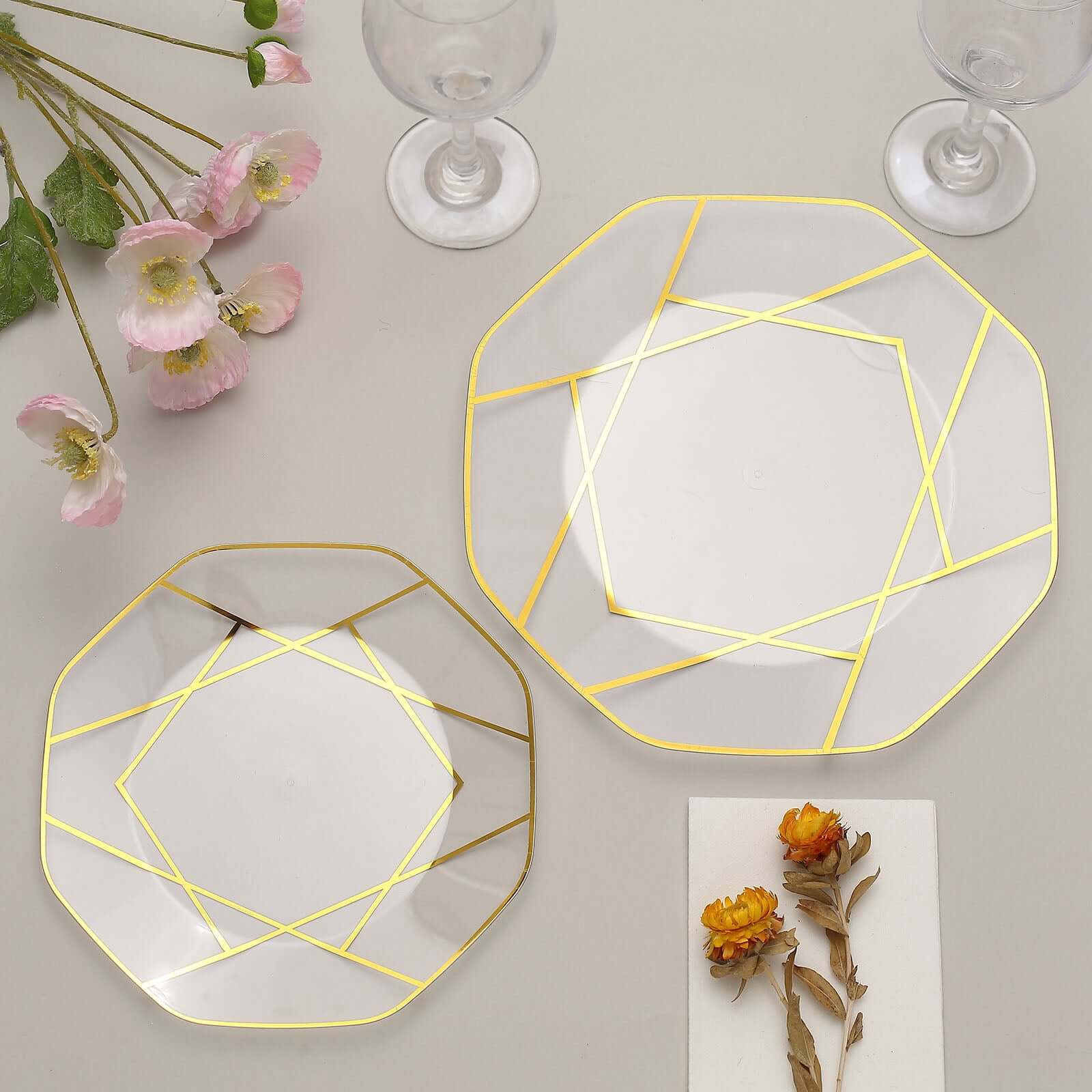 10-Pack Plastic 8 Octagon Dessert Plates in Clear - Modern Disposable Salad/Appetizer Plates with Gold Geometric Design for Special Occasions & Celebrations