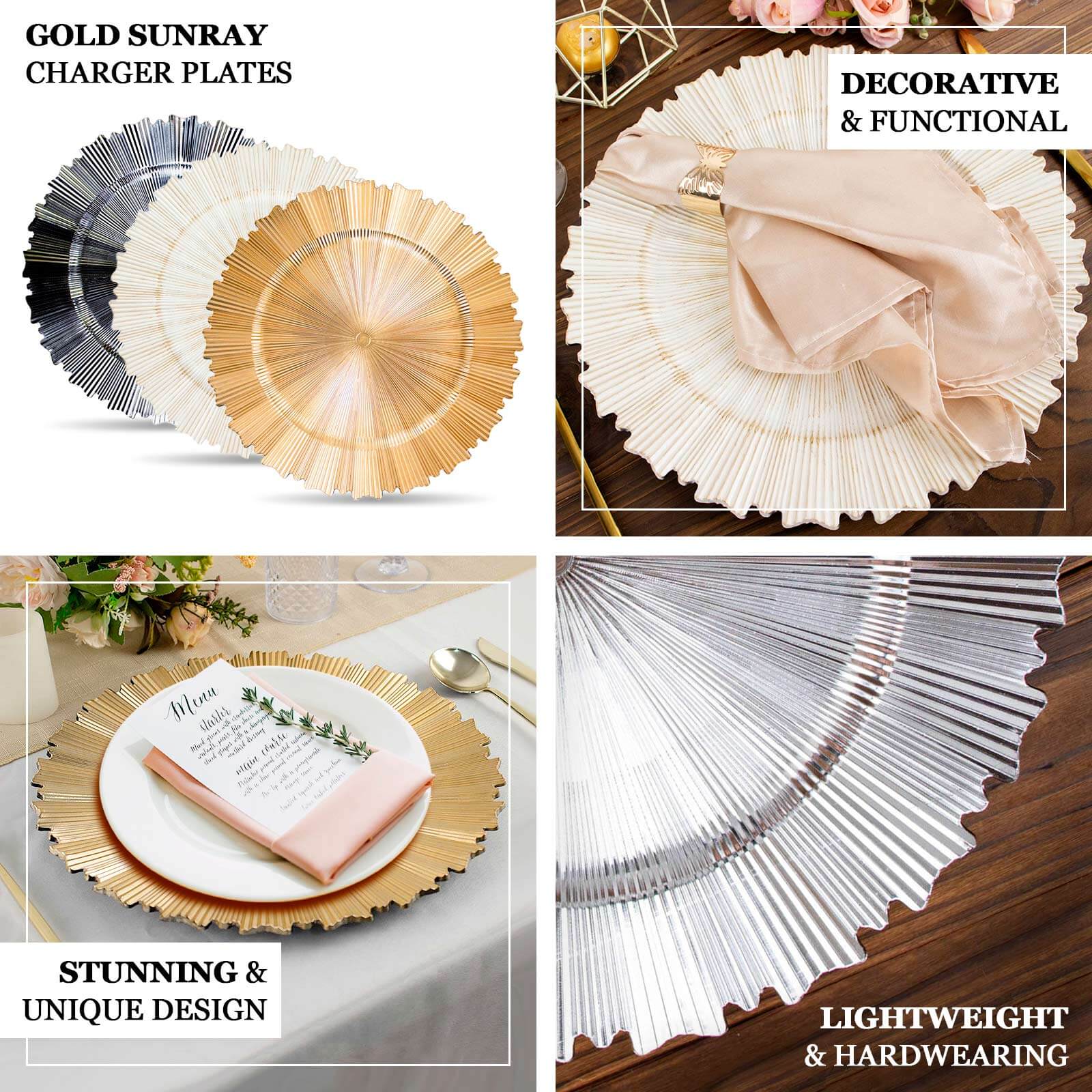 6-Pack Acrylic Plastic Round Charger Plates 13 in Metallic Gold with Sunray Scalloped Rim, Decorative Dinner Party Charger Tableware