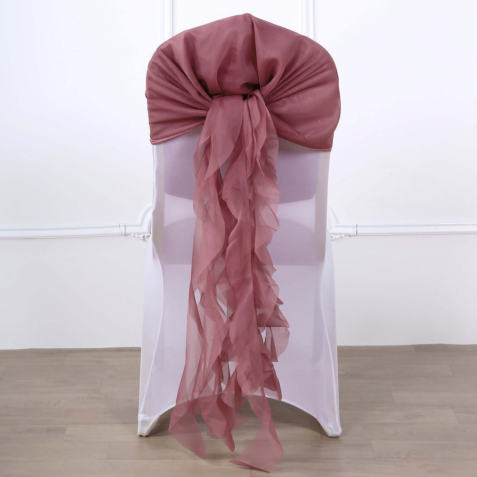 1 Set Chiffon Hoods Chair Sashes with Willow Ruffles Design Mauve Cinnamon Rose - Stylish Chair Bow Decor