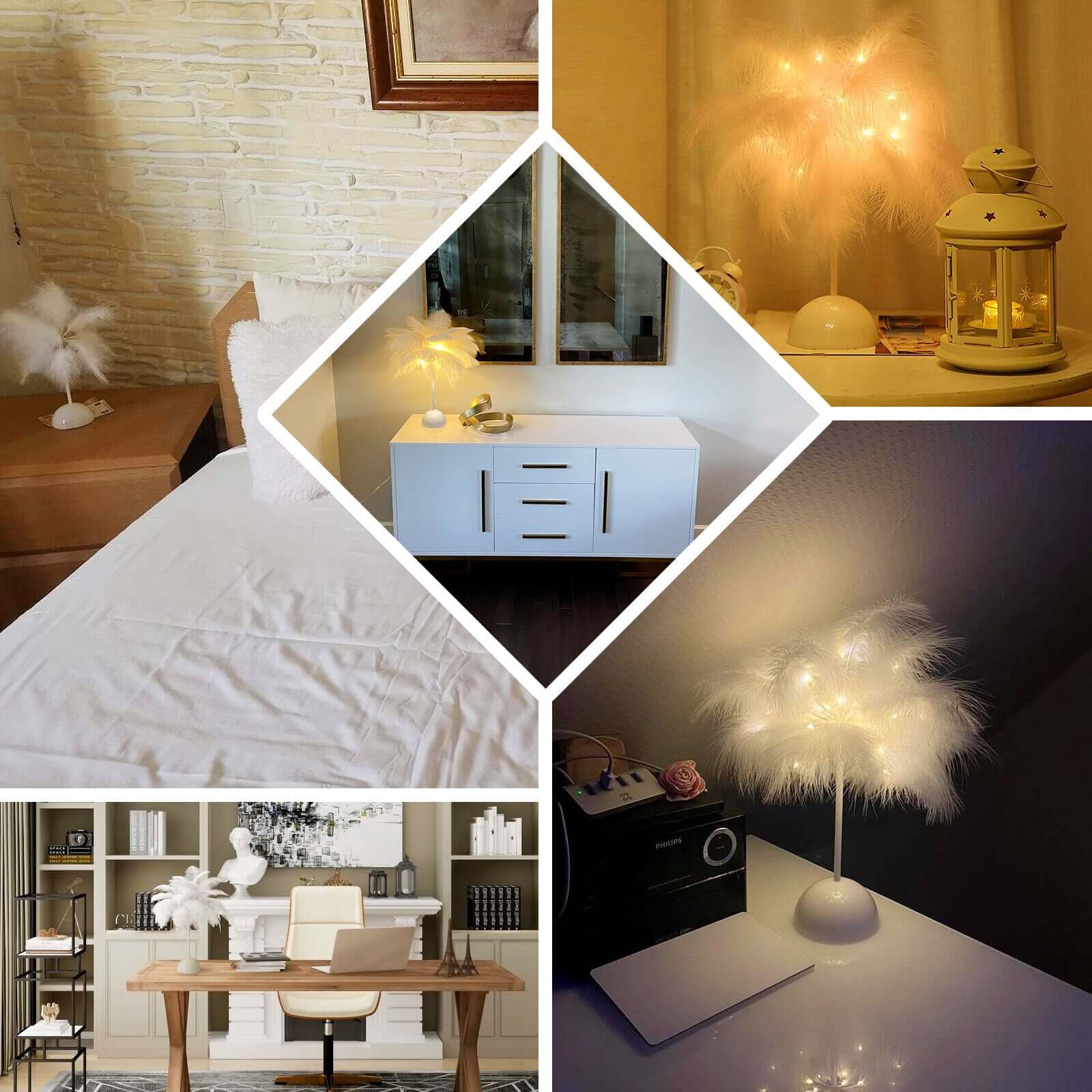 Table Lamp Feather Design White LED Battery Operated - Cordless Wedding Centerpiece 15