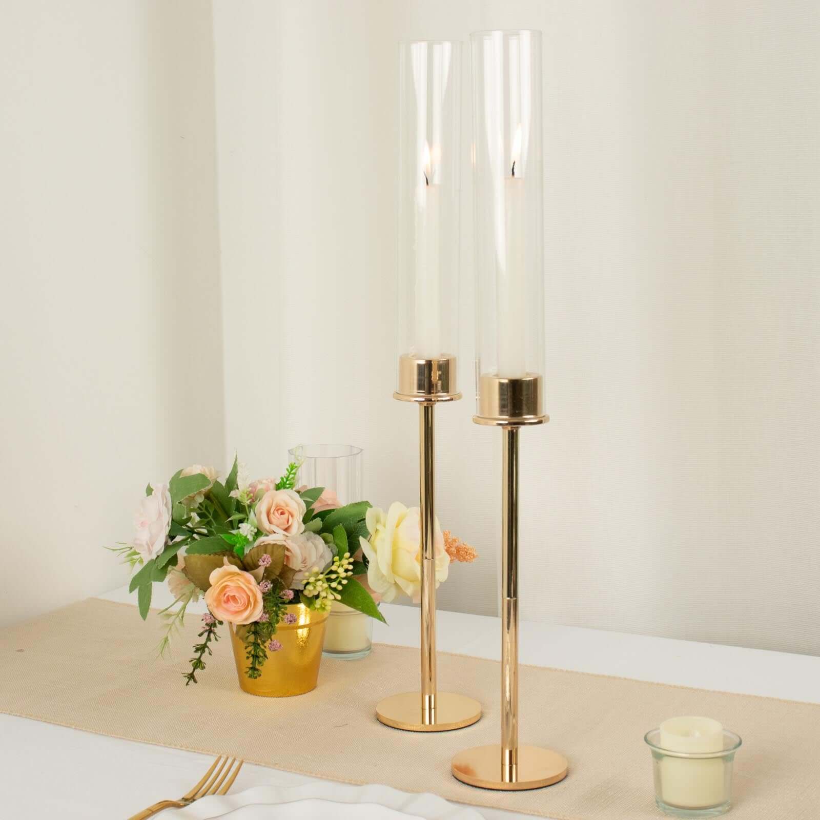 2-Pack Gold Metal Taper Candlestick Holders, Clear Glass Hurricane Candle Stands With Chimney Candle Shades 20