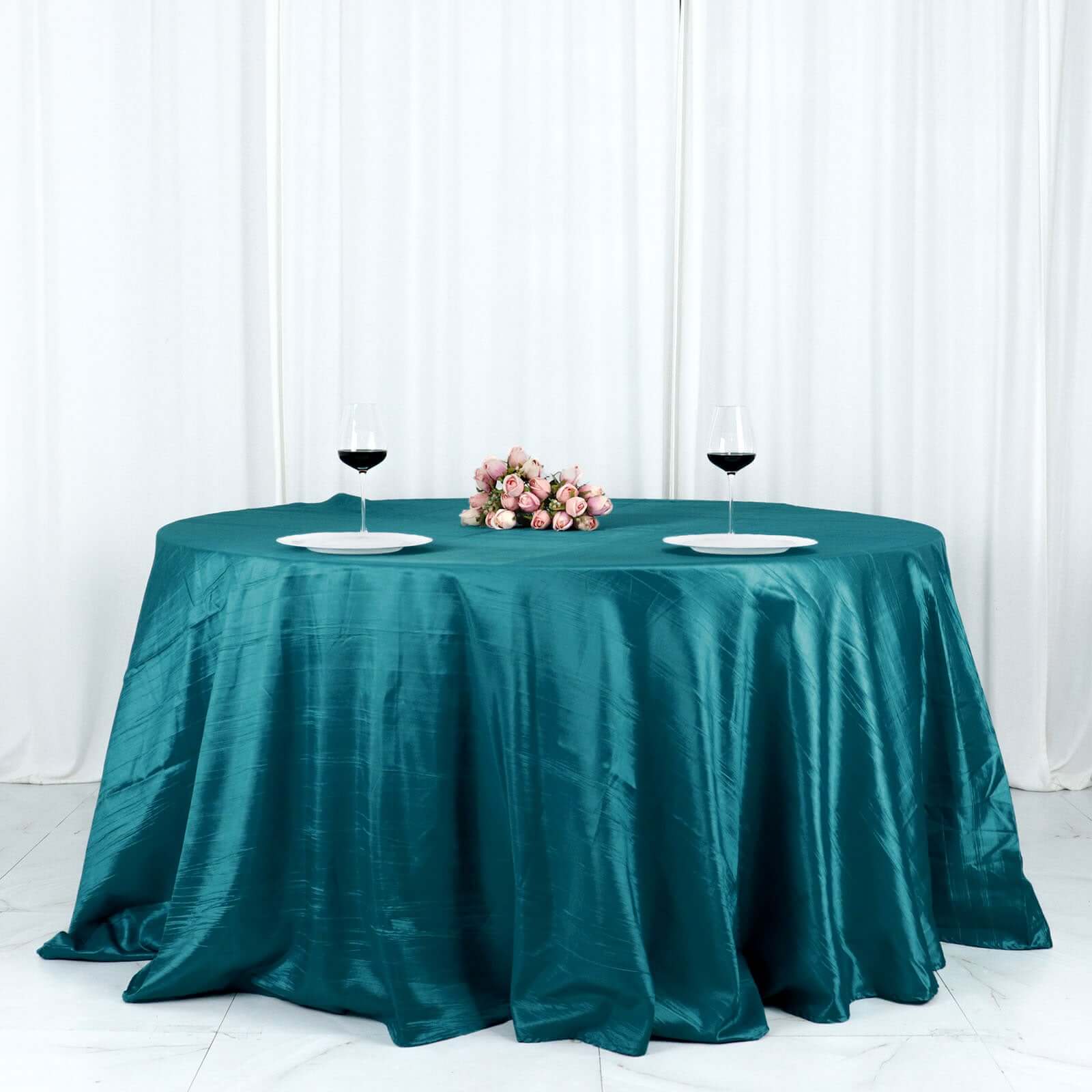 Taffeta 132 Round Tablecloth Peacock Teal - Seamless Accordion Crinkle Table Cover