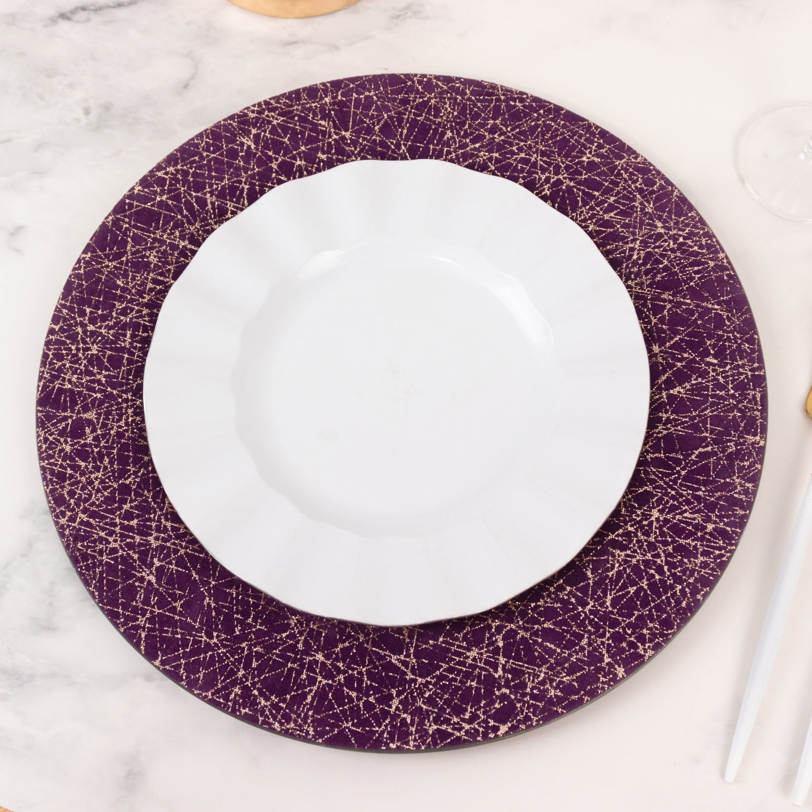 6-Pack Acrylic Round Charger Plates 13 in Purple with Gold Glitter Abstract Lines Pattern, Decorative Dinner Party Charger Tableware