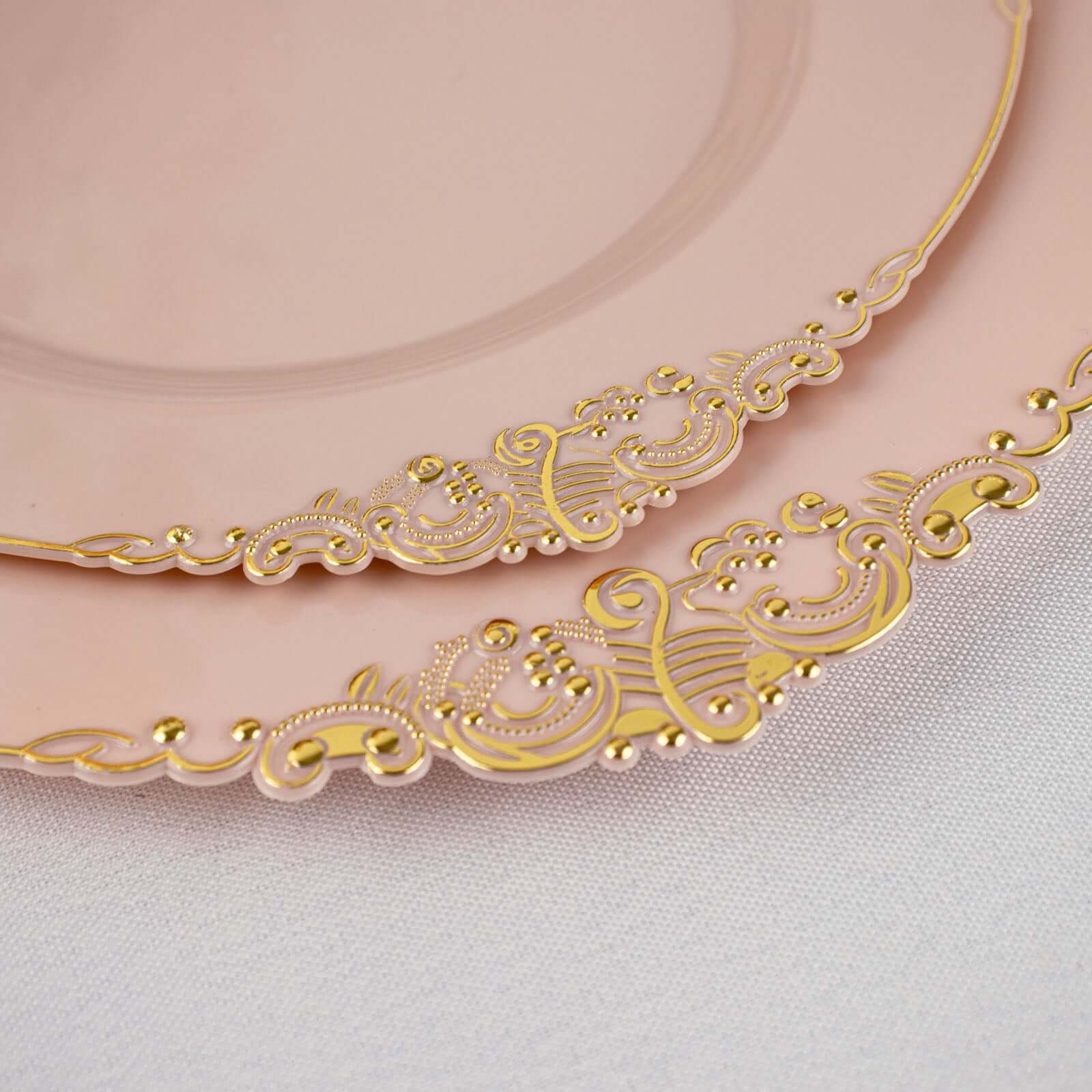 10-Pack Plastic 10 Round Dinner Plates in Blush with Gold Leaf Embossed Rim - Disposable Vintage Baroque Style Plates