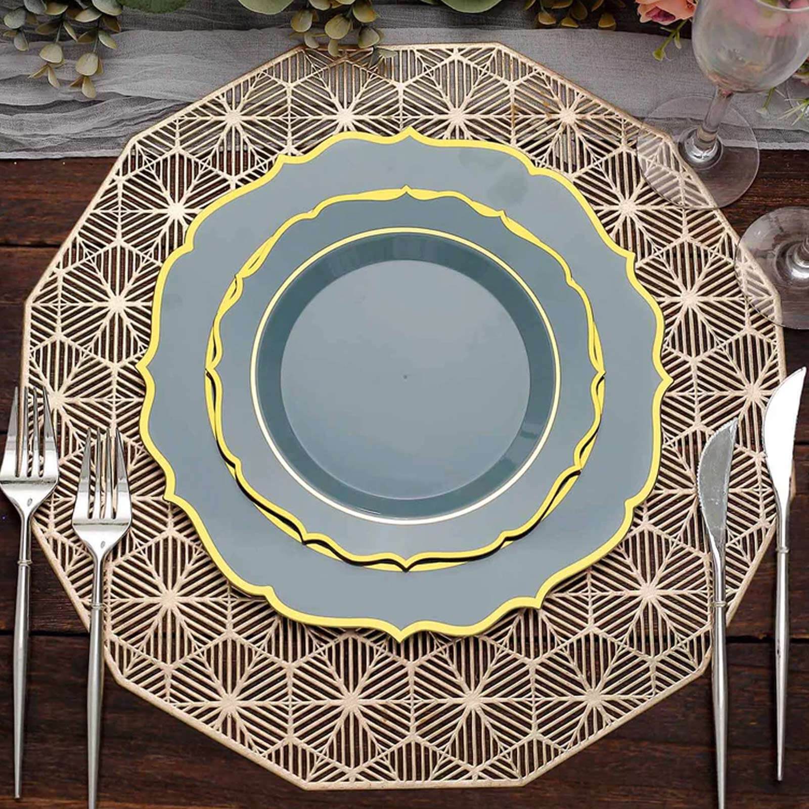 10-Pack Plastic 8 Round Desert Plates in Dusty Blue with Gold Scalloped Rim - Disposable Appetizer/Salad Plates