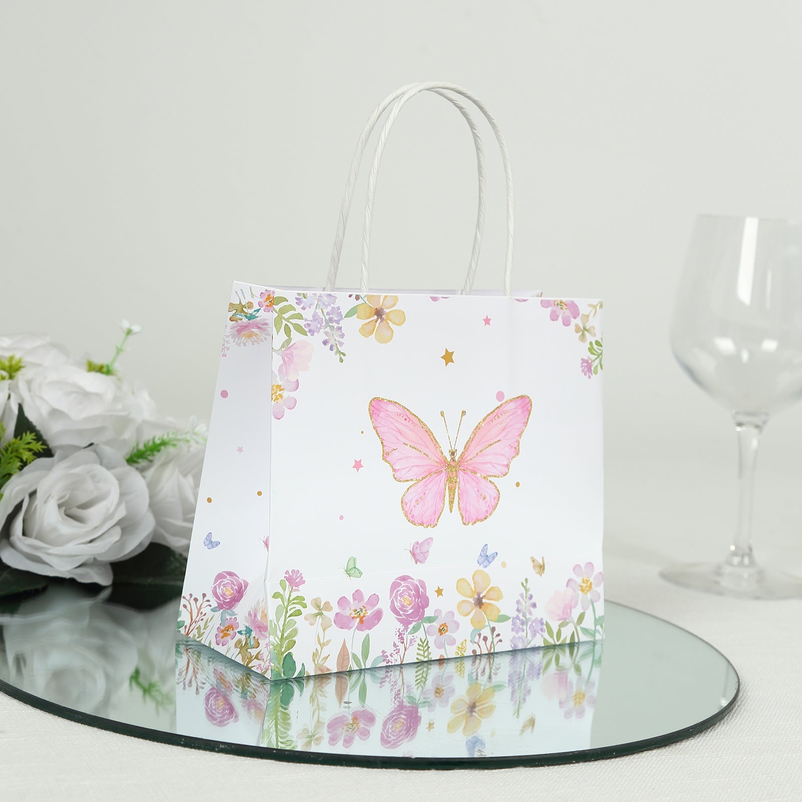 12 Pack Pink Glitter Butterfly Paper Favor Bags with Handles, Floral Print White Goodie Gift Bags - 6x7