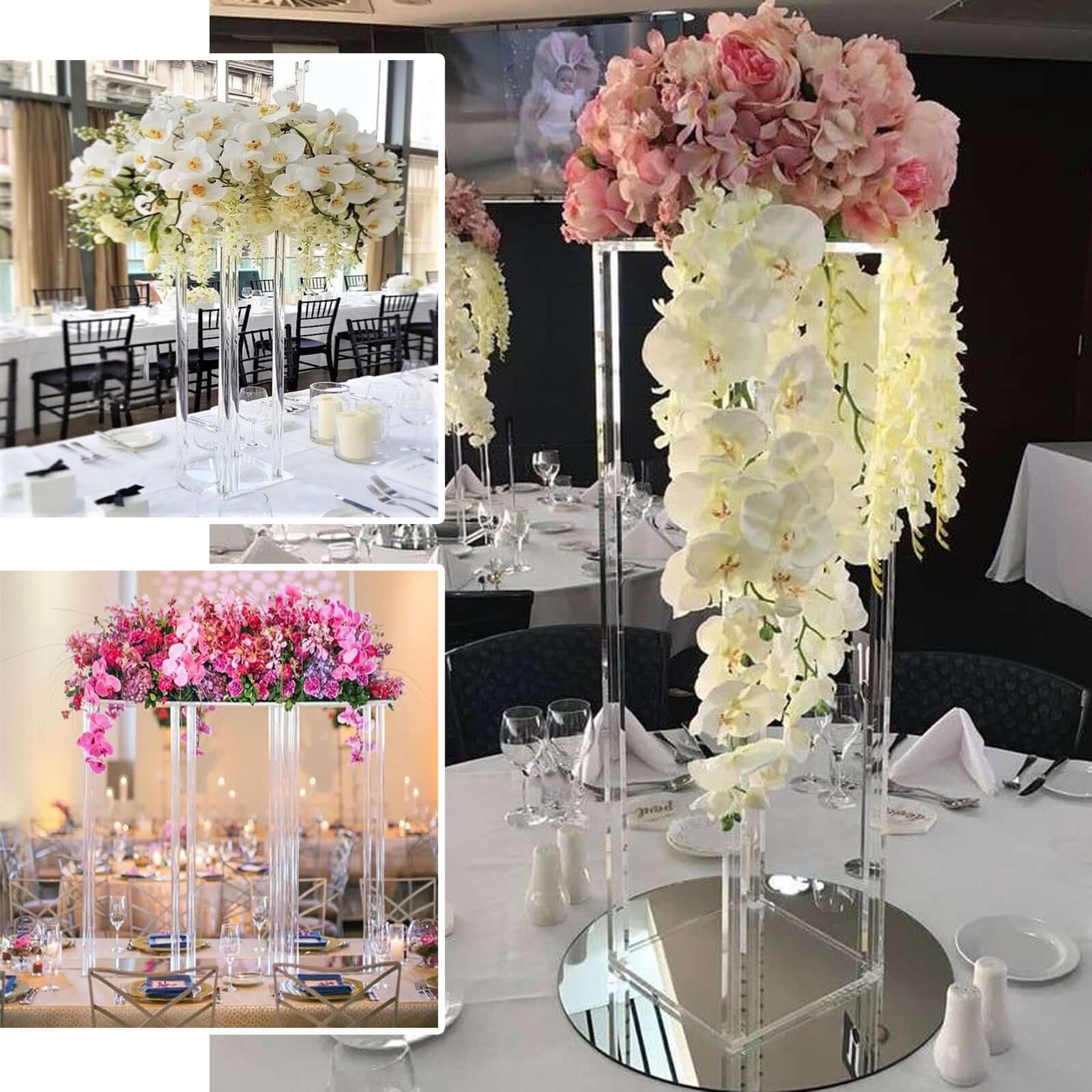 Acrylic Flower Vase Pillar Stand with Square Mirror Base Clear - Versatile Wedding Table Centerpiece 24