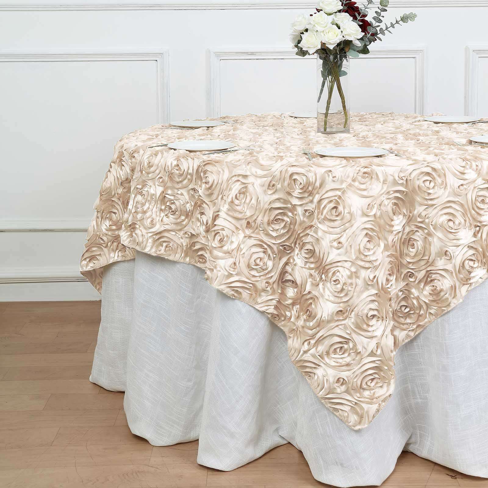 Satin 72x72 Table Overlay Square Tablecloth Beige - 3D Rosette Table Cover