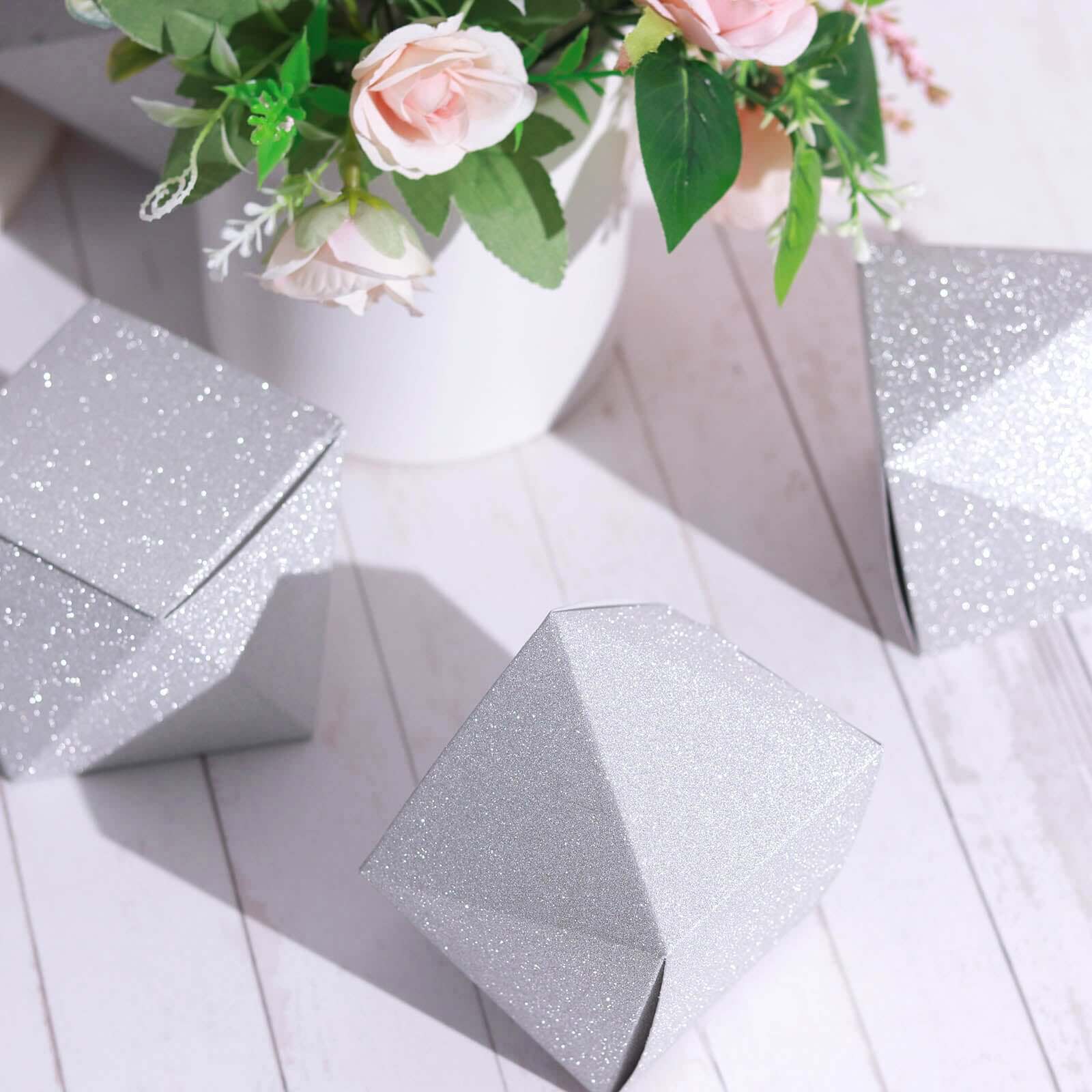 25 Pack 3x4 DIY Silver Glittered Geometric Wedding Favor Gift Box