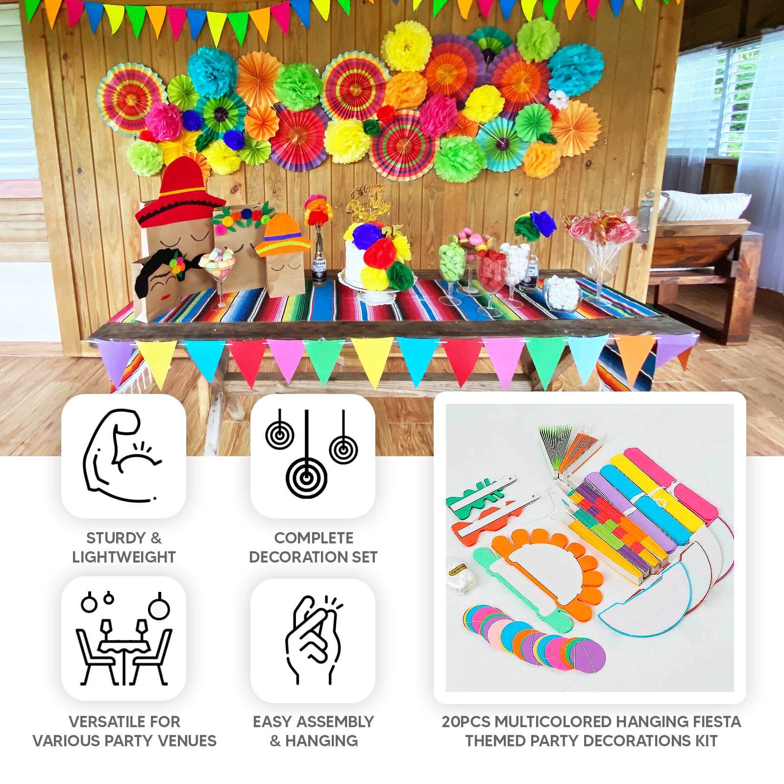 20Pcs Colorful Hanging Fiesta Themed Party Decorations Set, Paper Fans, Pom Pom Flowers, Polka Dot and Bunting Flag Garlands Included