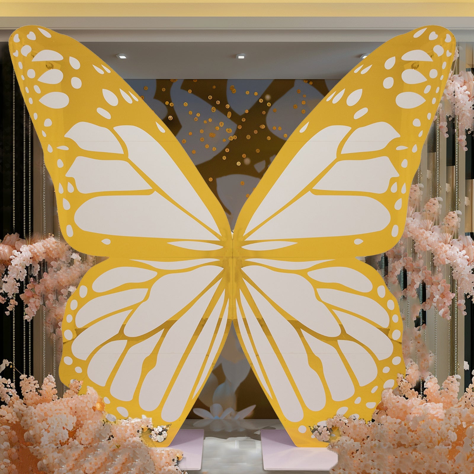 6.5ft White Gold Giant Butterfly Backdrop Party Prop, Free Standing Foamboard Monarch Butterfly Wings Photo Background