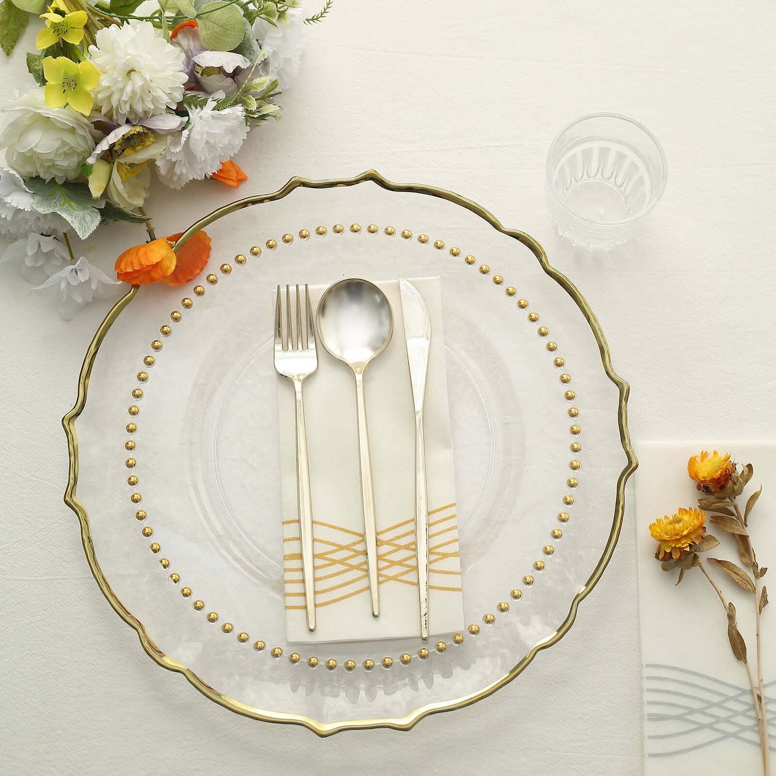 10-Pack Plastic 10 Round Dinner Plates in Clear with Gold Beaded Rim - Disposable Party Plates