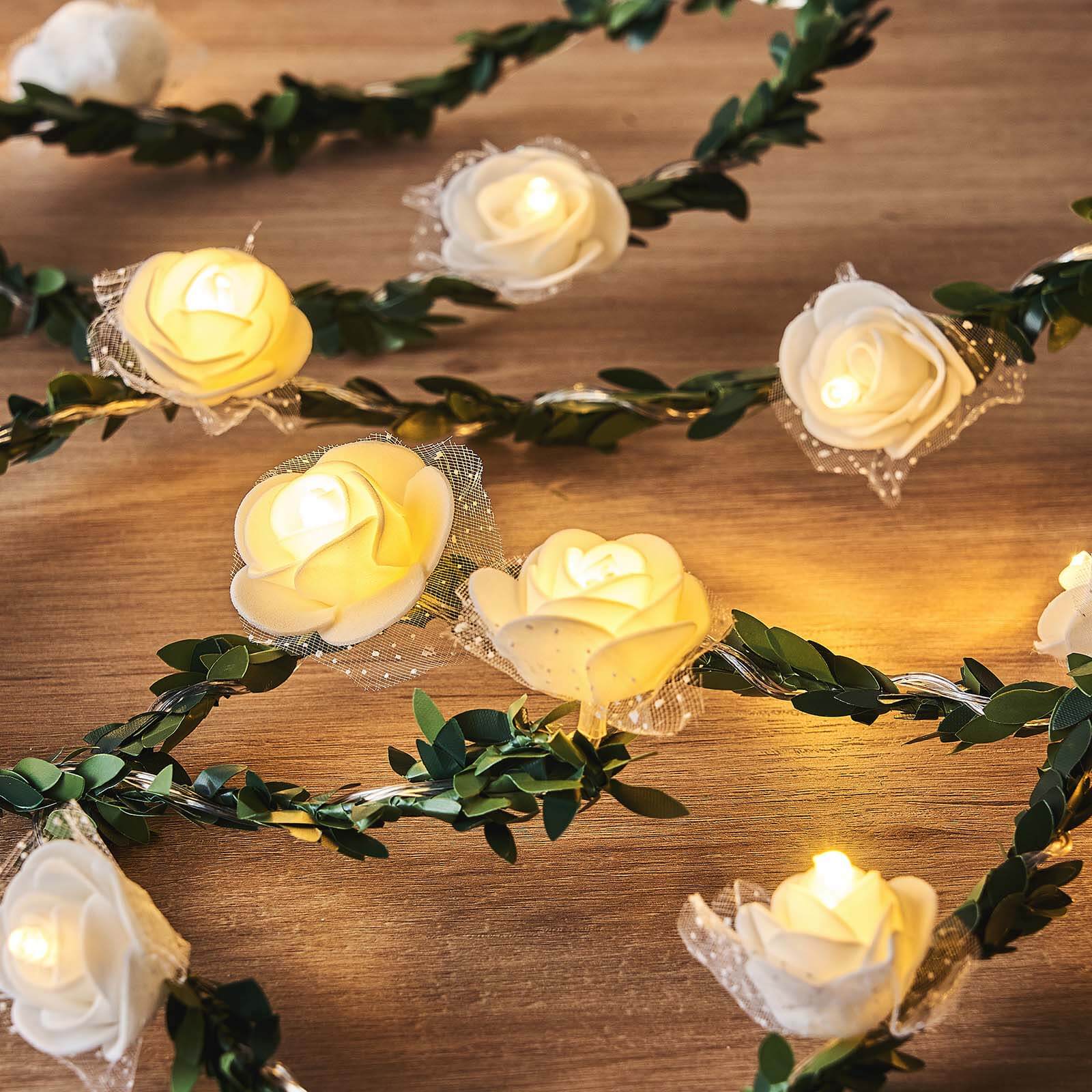 9ft Warm White 20 LED Artificial Rose Lace Flower Garland Vine Lights, Battery Operated String Lights