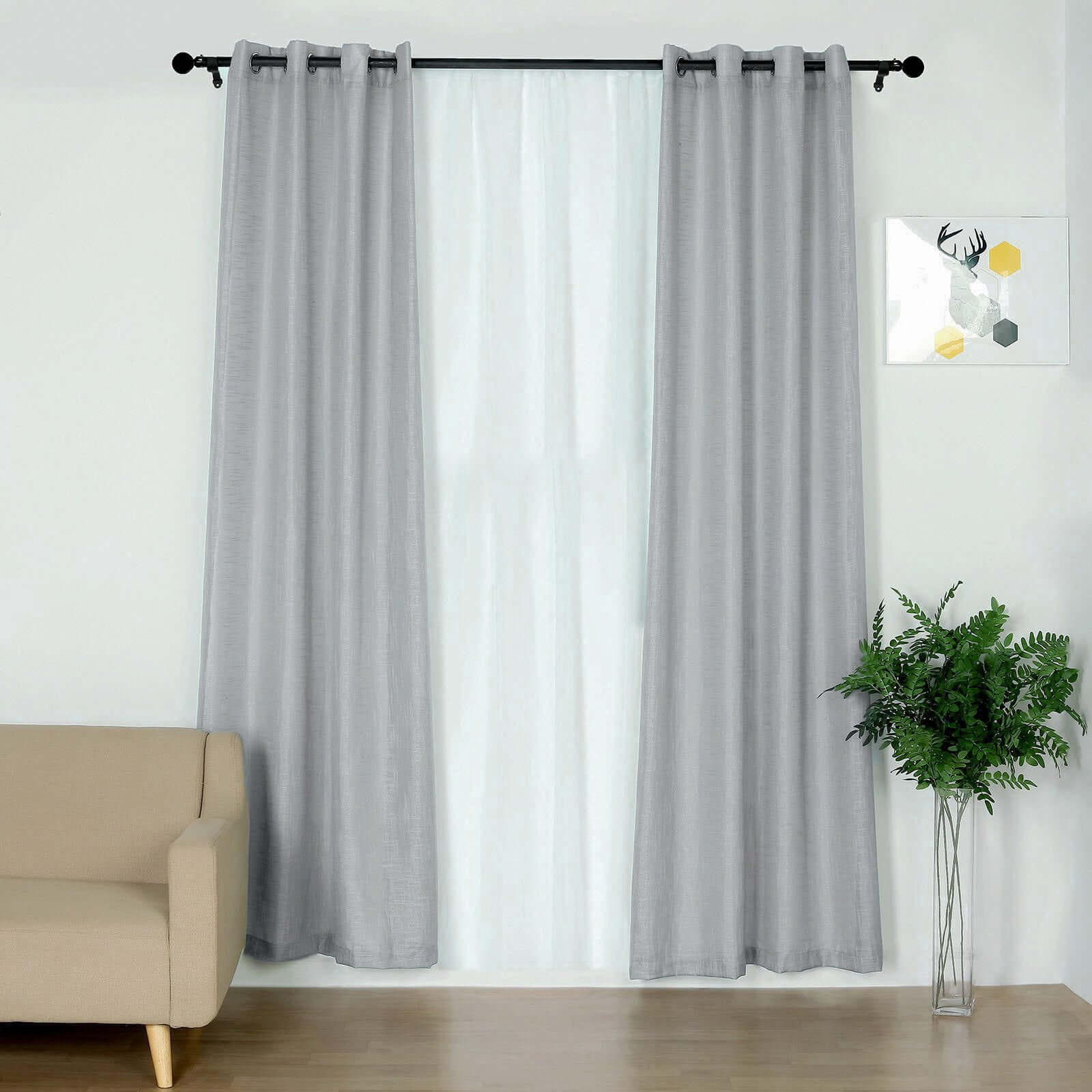 2 Pack Handmade Silver Faux Linen Curtains 52x108, Curtain Panels With Chrome Grommets