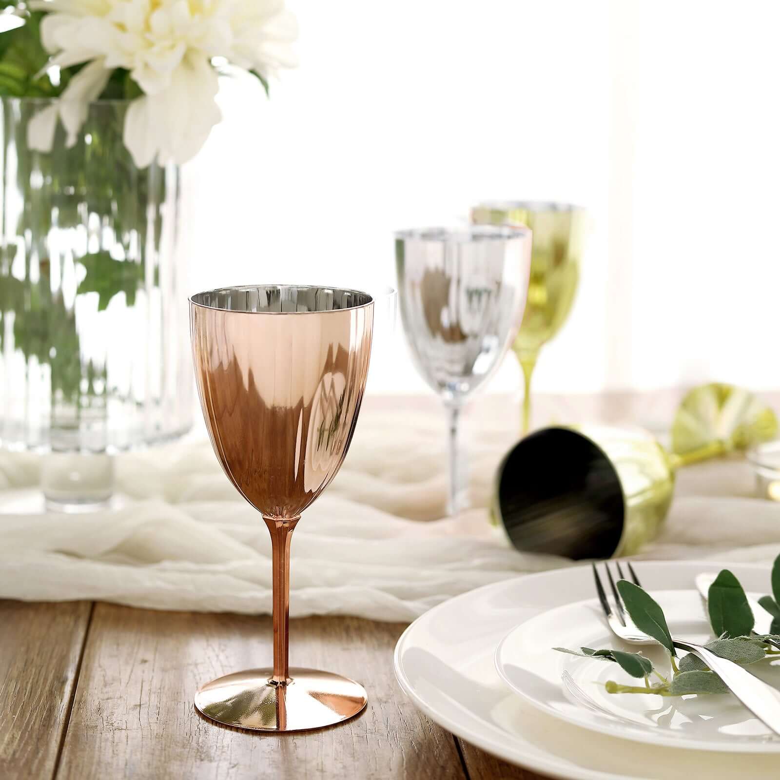 6-Pack Plastic Wine Glasses in Metallic Rose Gold - Classy Disposable Goblets for Parties, Receptions & Banquets 8oz