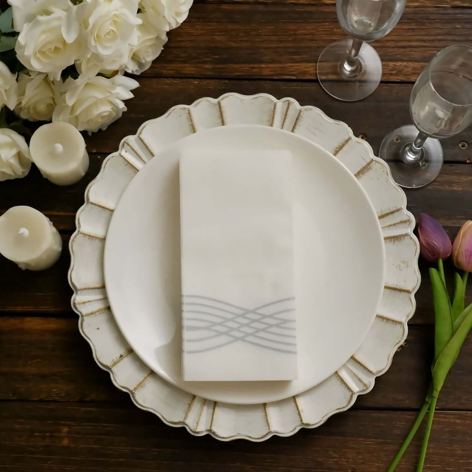 25 Pack Linen-Like Paper 8x4 Napkins White with Metallic Silver Foil Wave Design - Soft & Absotbent Airlaid Hand Towels