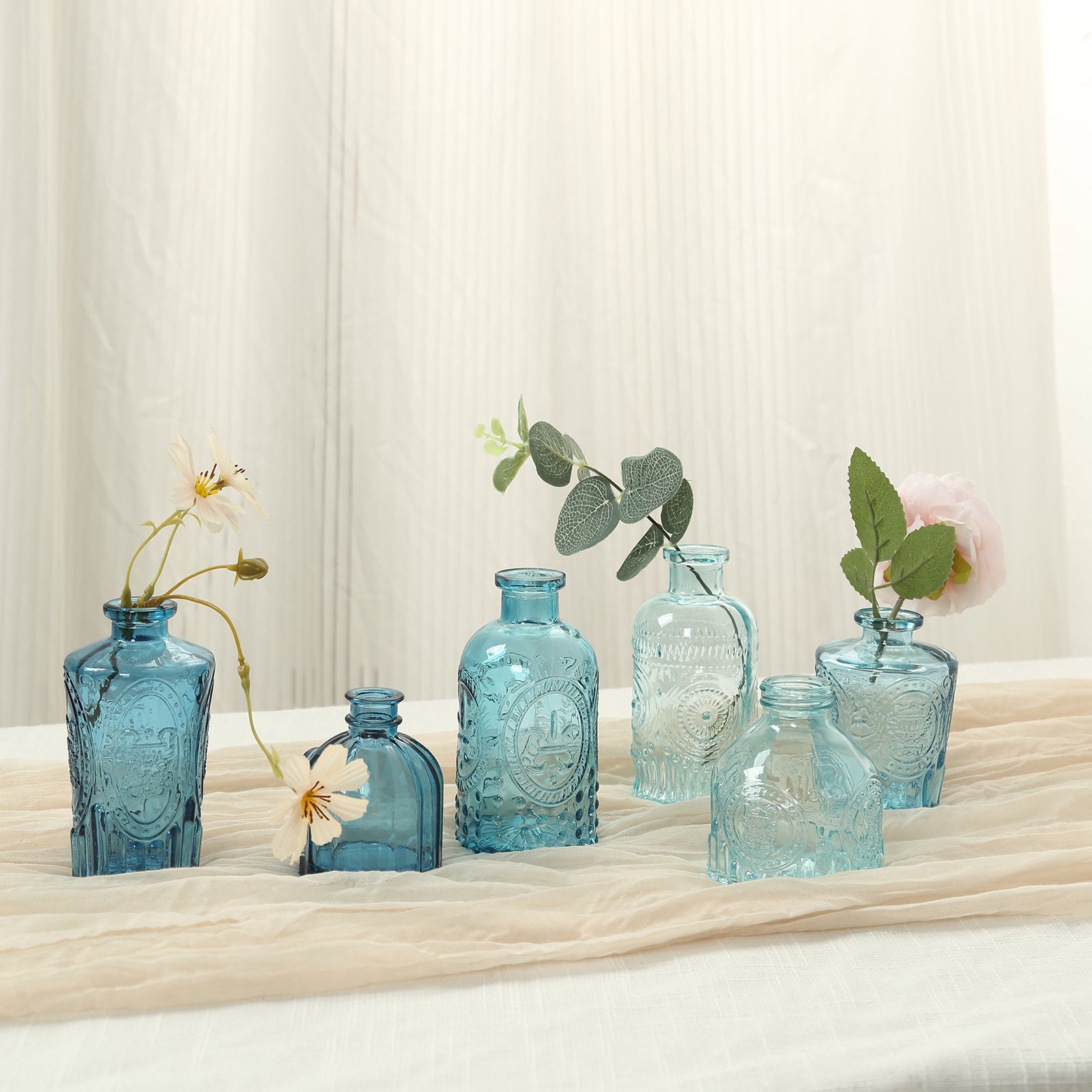 Set of 6 Embossed Glass Bud Vases Vintage Mixed Blue - Apothecary Style Decorative Table Centerpieces