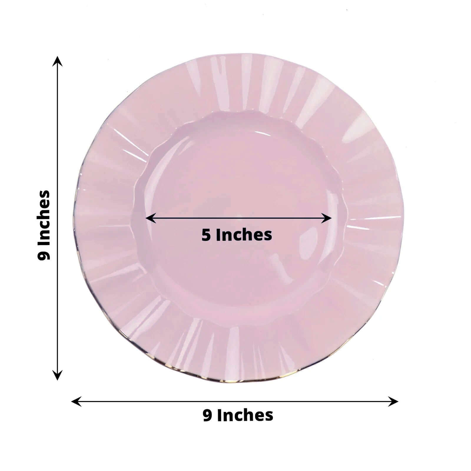 10-Pack Plastic 9 Round Dinner Plates in Lavender Lilac Ruffled Rim with Gold Edging - Sturdy Disposable Dinnerware