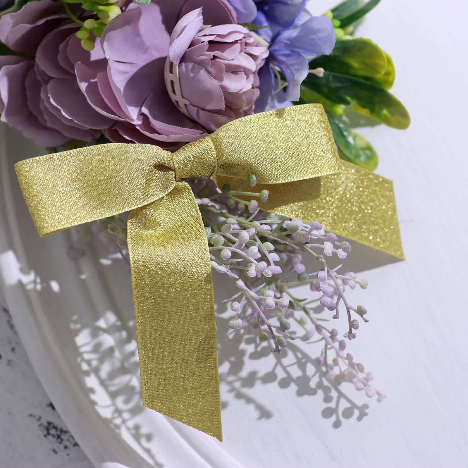 50 Pcs 4 Nylon Ribbon Bows With Twist Ties, Gift Basket Party Favor Bags Decor - Gold Glitter Design