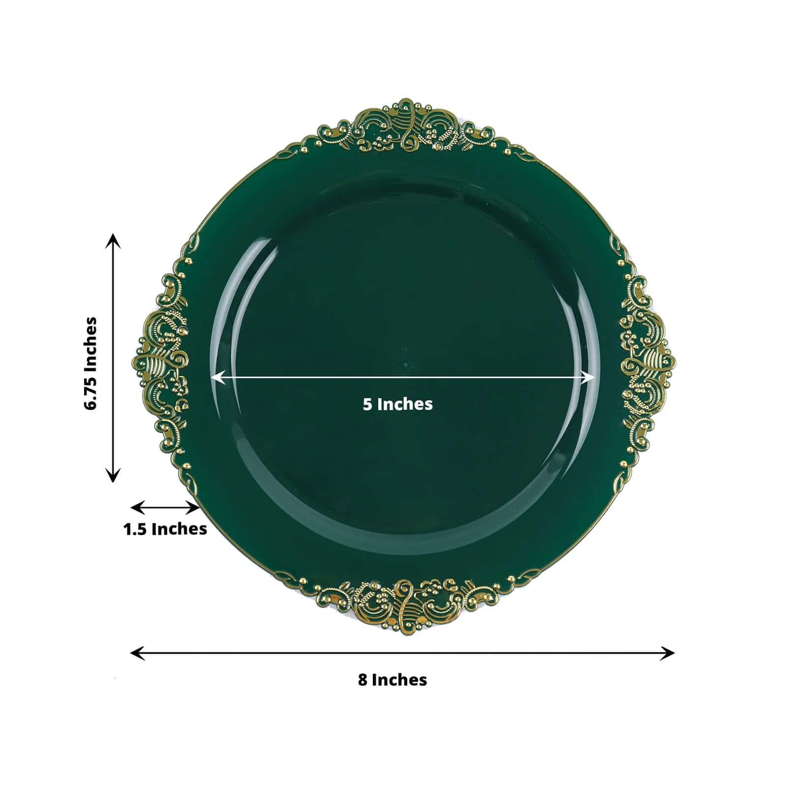 10-Pack Plastic 8 Round Dessert Plates in Hunter Emerald Green with Gold Leaf Embossed Rim - Disposable Vintage Baroque Style Salad Plates