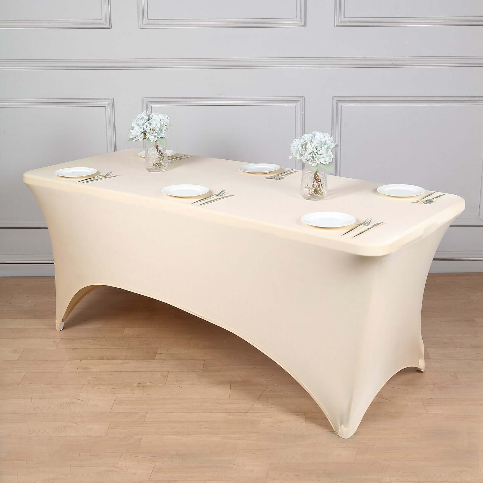 Stretch Spandex 6ft Rectangle Tablecloth Beige - Durable Form-Fitting Table Cover for Events & Presentations