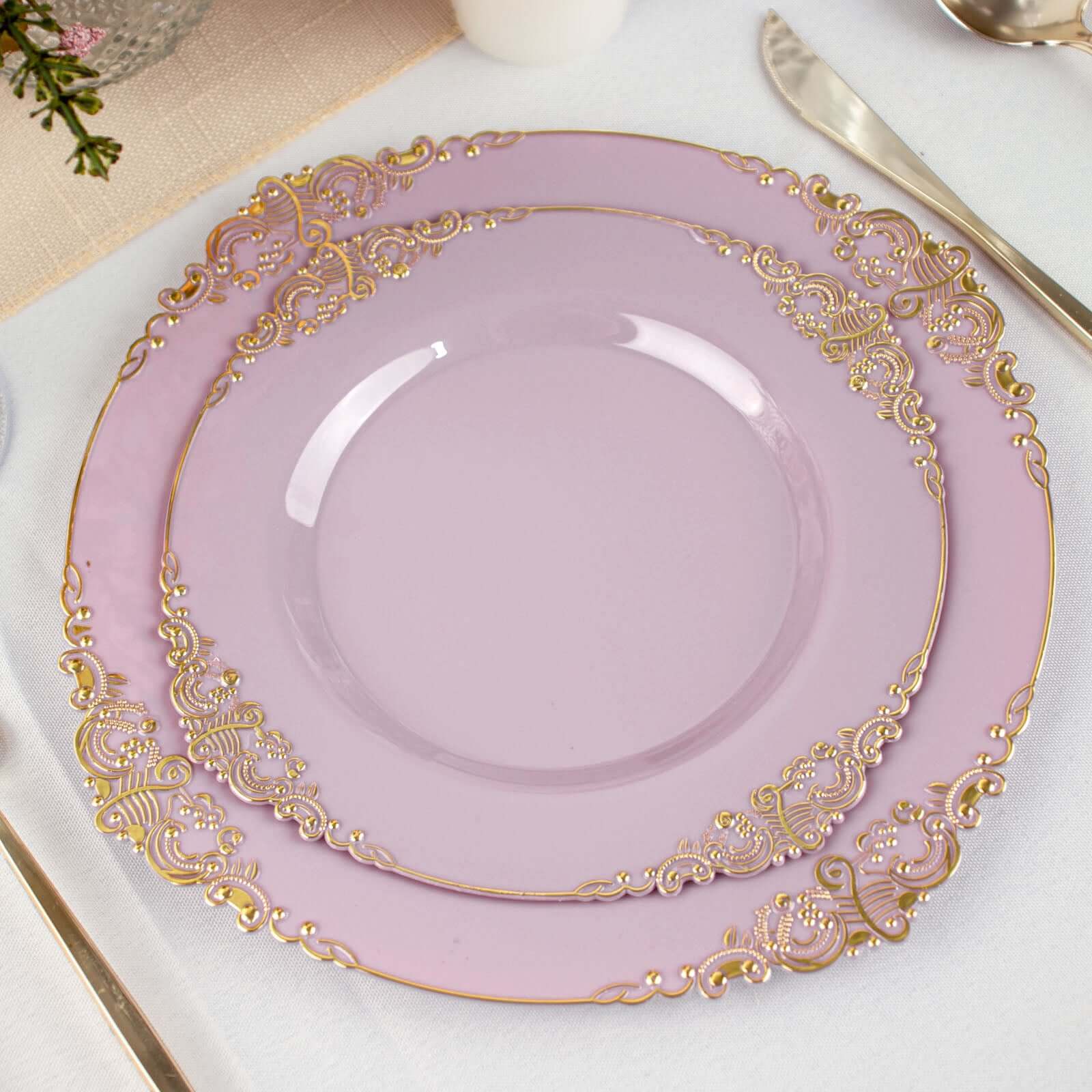 10-Pack Plastic 8 Round Dessert Plates in Lavender Lilac with Gold Leaf Embossed Rim - Disposable Vintage Baroque Style Salad Plates