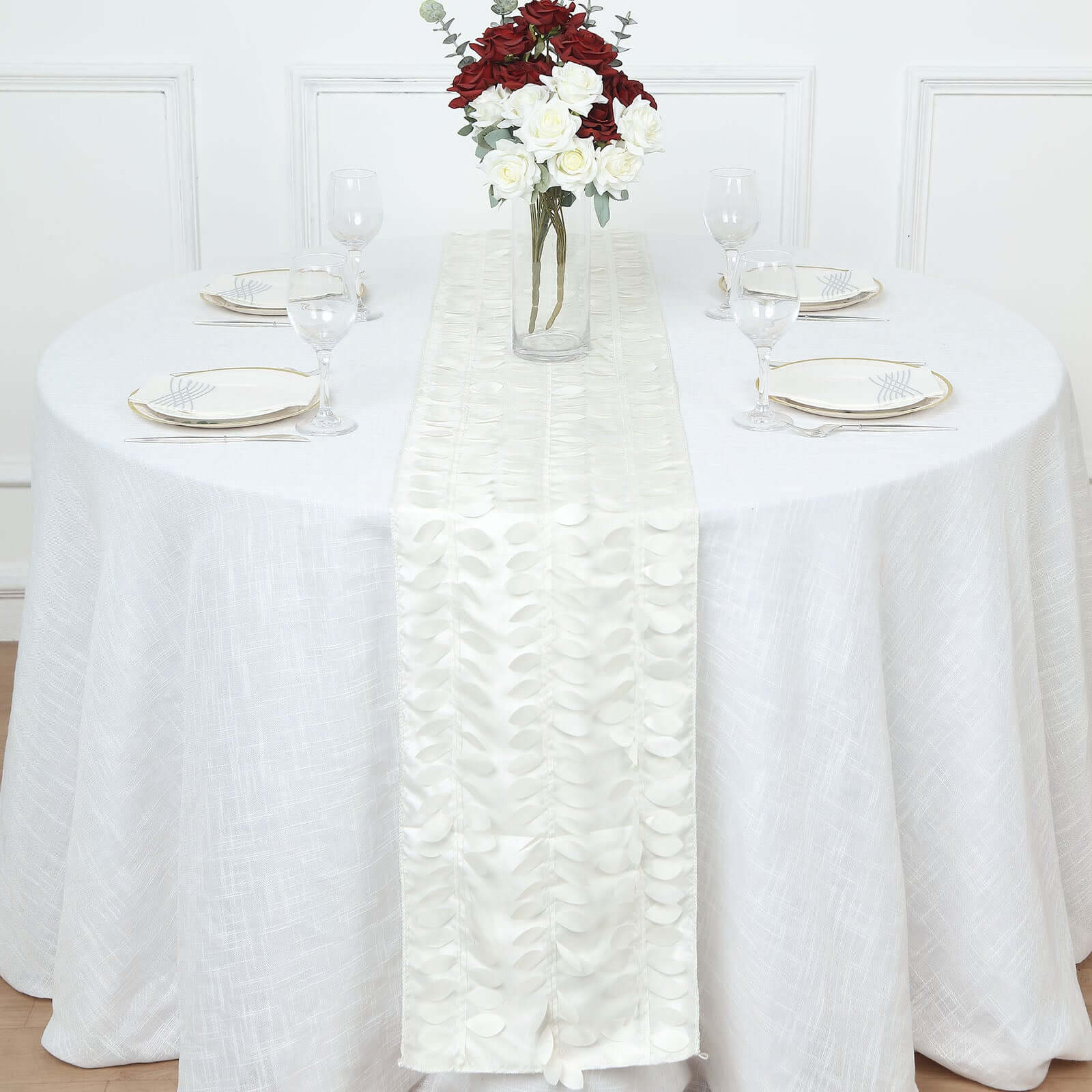 Taffeta Fabric 12x108 Table Runner Ivory - 3D Leaf Petal Design