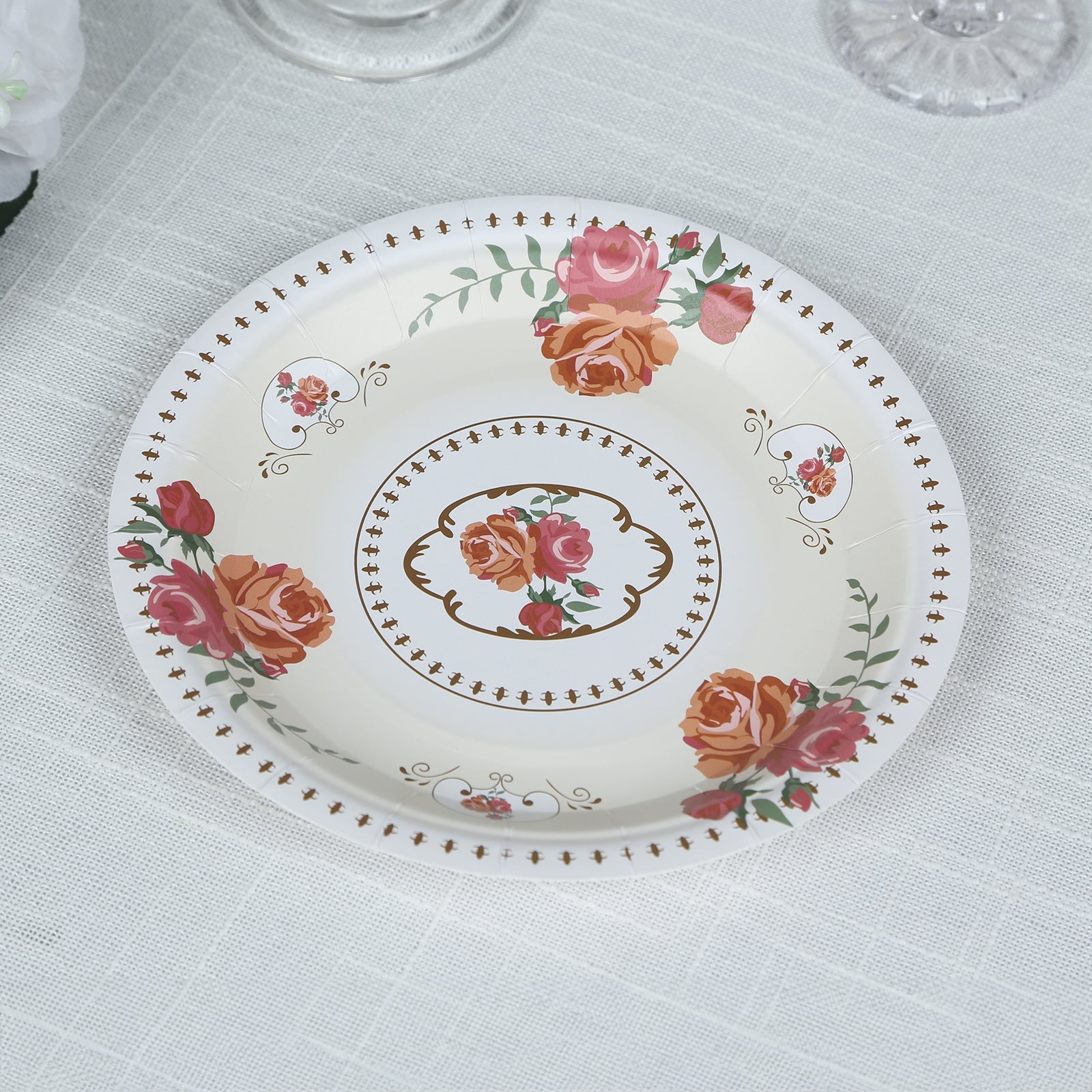 25-Pack Paper 7 Round Dessert Plates in Ivory with Vintage Rose Flower Print - Disposable Appetizer Salad Plates for Bridal Showers & Garden Luncheons