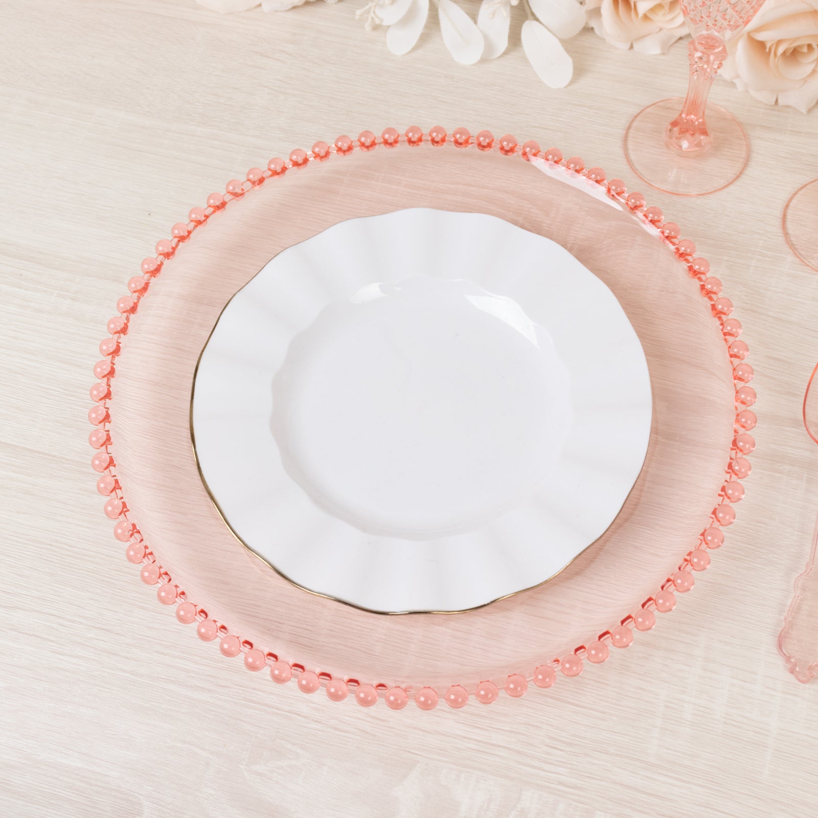 6-Pack Acrylic Round Charger Plates 13 in Transparent Blush with Beaded Rim, Decorative Dinner Party Serving Plates