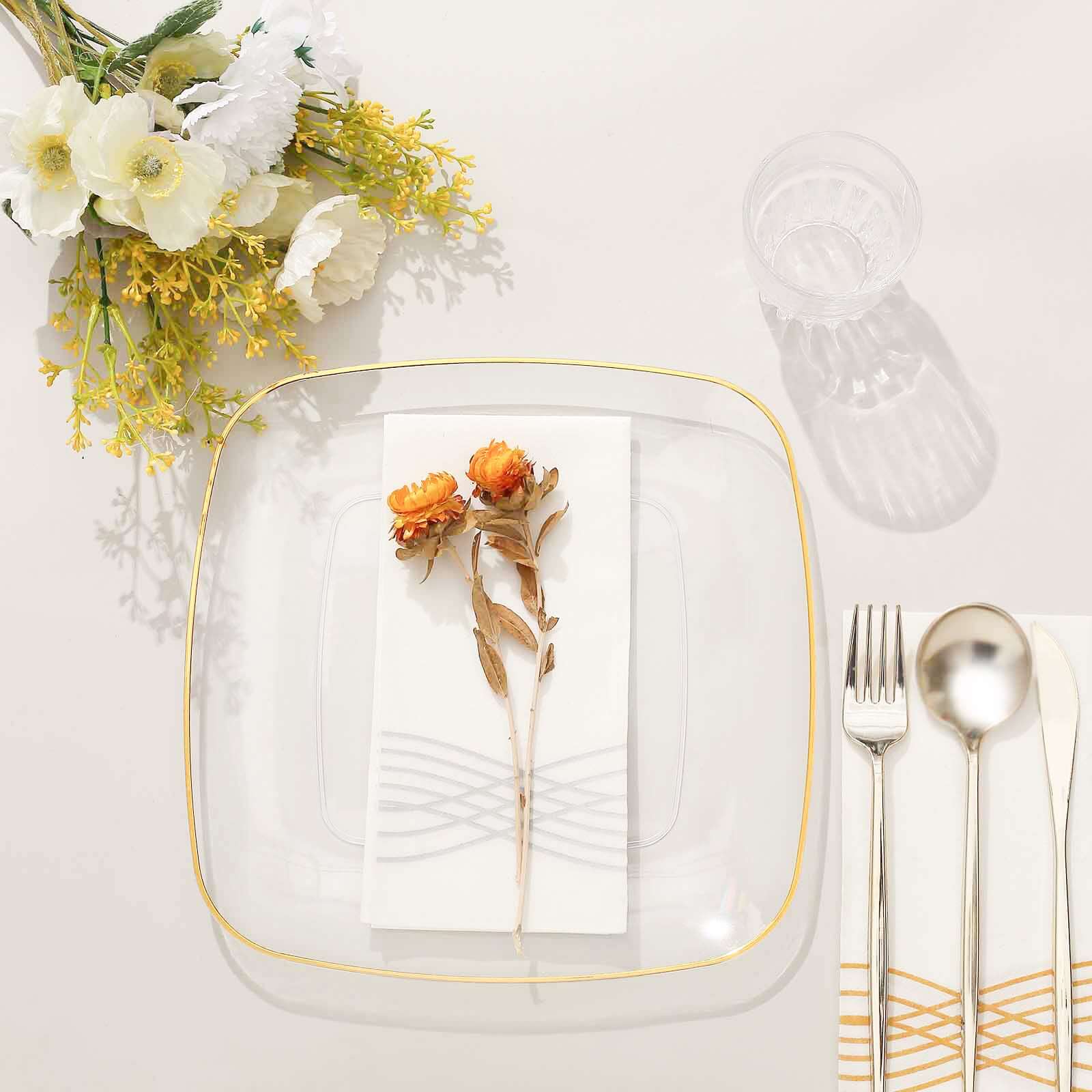 10-Pack Plastic 10 Square Dinner Plates in Clear with Gold Rim - Classy Disposable Lunch Party Plates