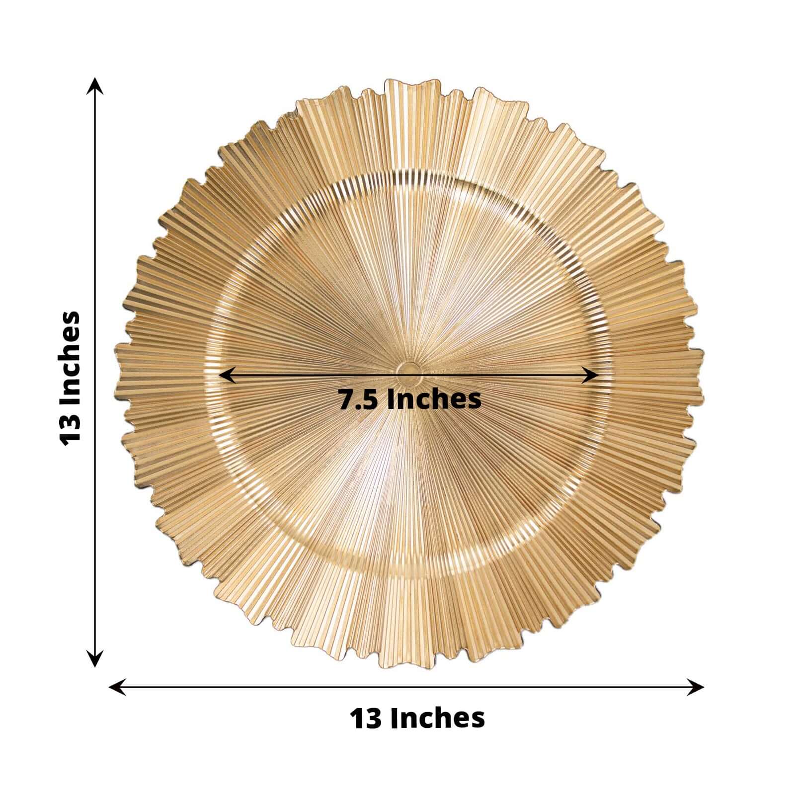 6-Pack Acrylic Plastic Round Charger Plates 13 in Metallic Gold with Sunray Scalloped Rim, Decorative Dinner Party Charger Tableware