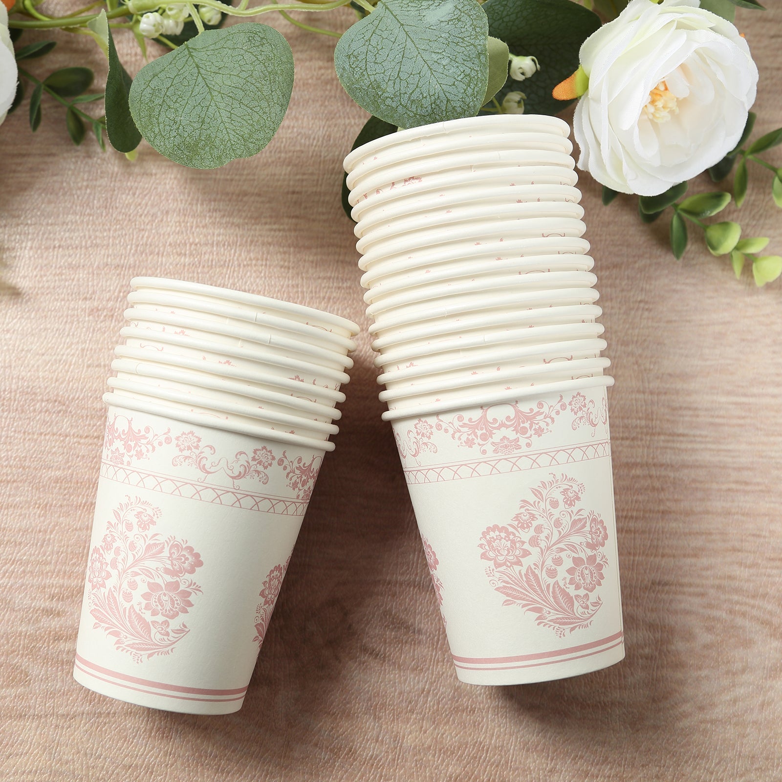 24-Pack Paper Cups White with Pink French Toile Print - Stylish Disposable Floral Party Cups for Hot & Cold Beverages 9oz