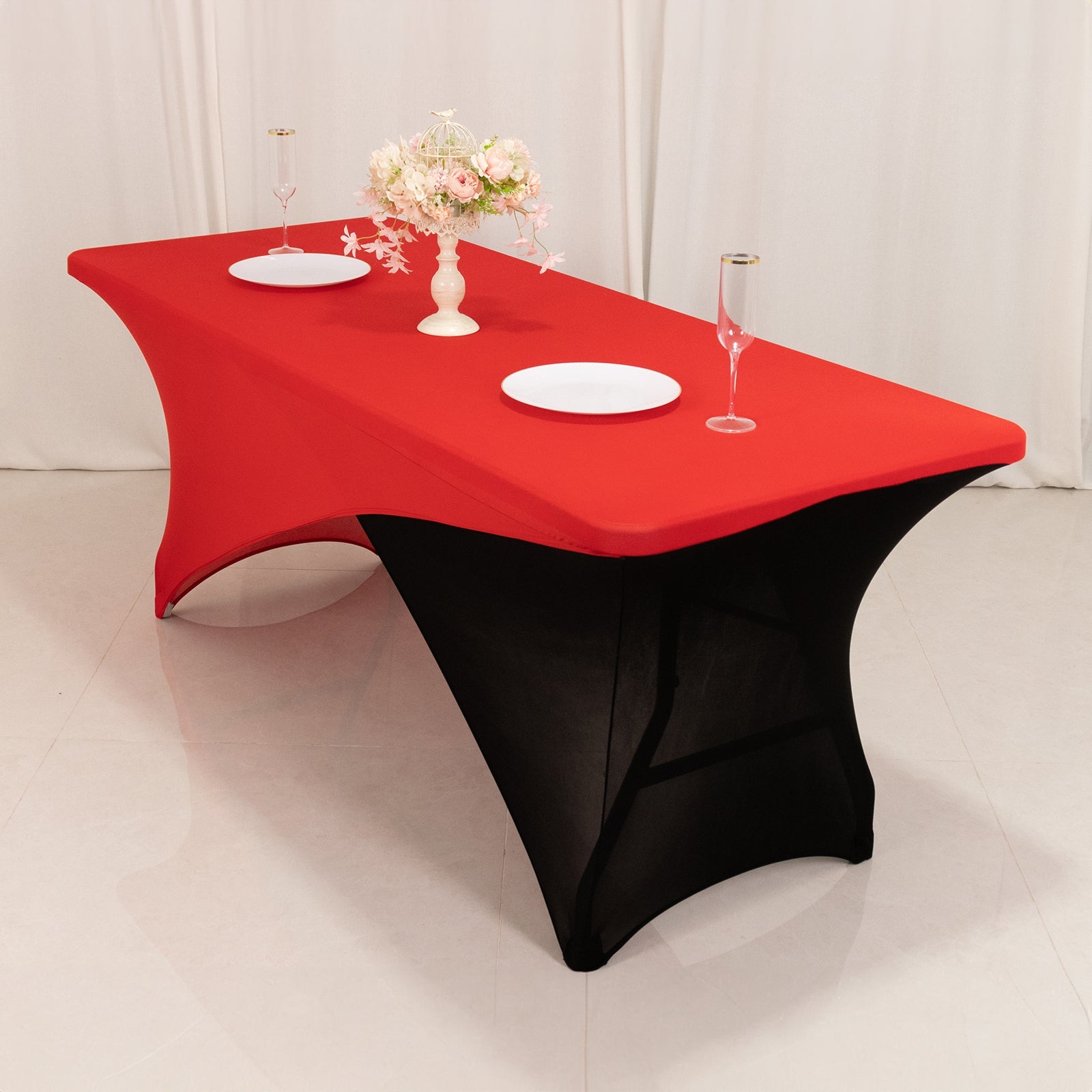 Stretch Spandex 72x30 Rectangle Table Cover Red/Black Cross Over Design - Two-Piece Fitted Tablecloth with Elastic Foot Pockets