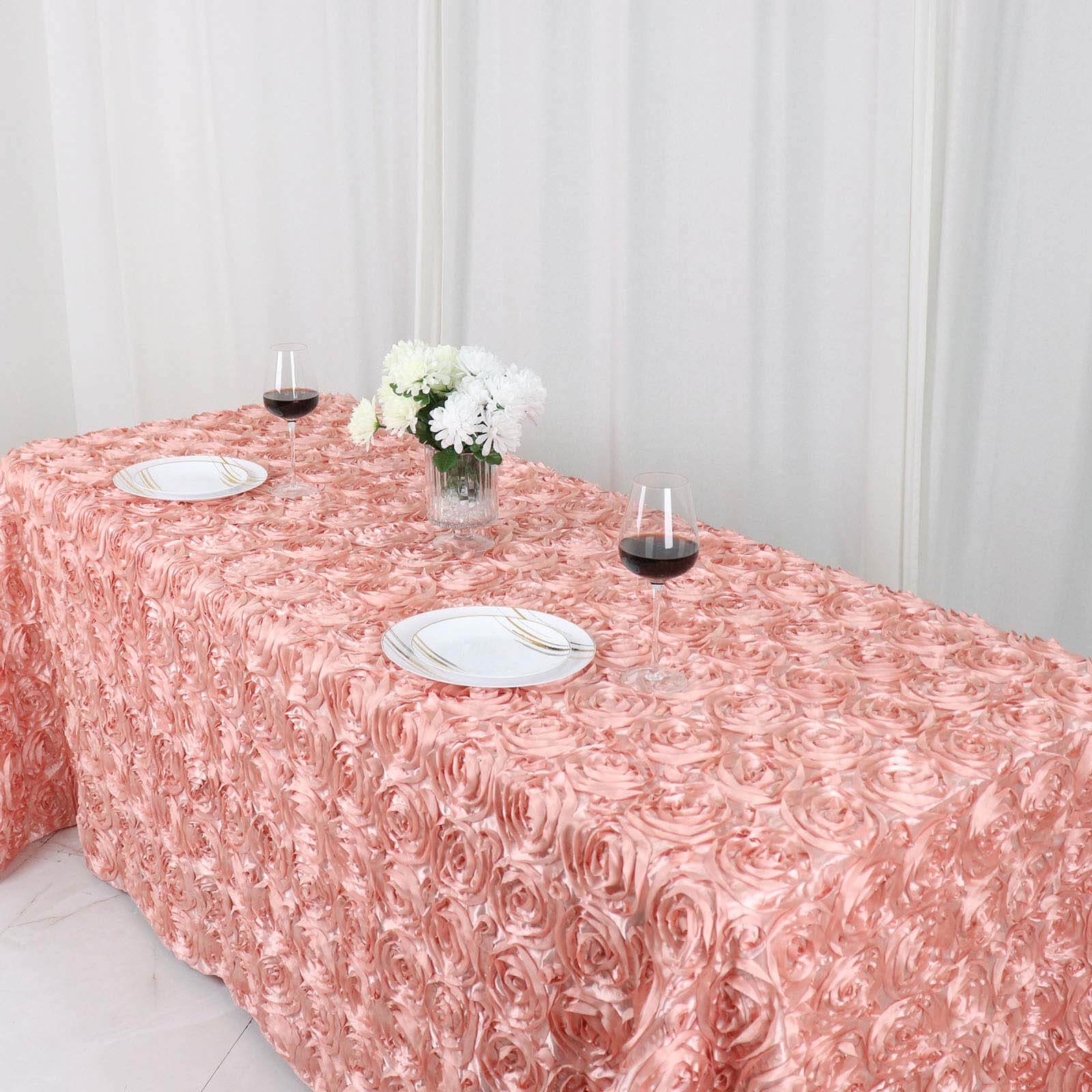 Satin 90x132 Rectangle Tablecloth Dusty Rose - Grandiose 3D Rosette Seamless Table Cover