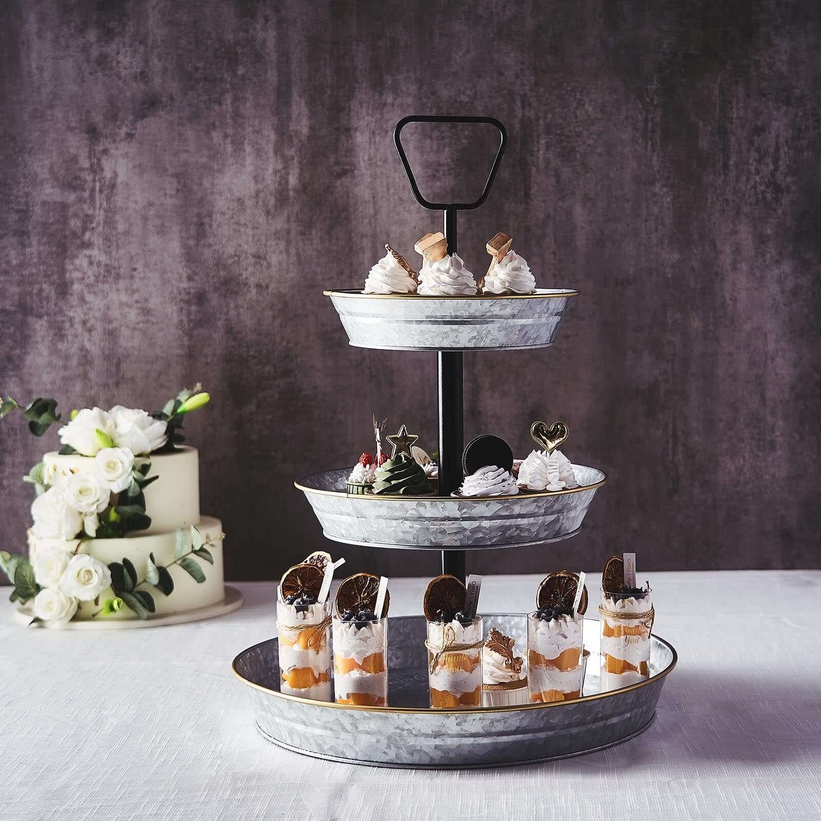 3-Tier Galvanized Metal Cupcake Stand 20 Silver - Sturdy Dessert Serving Tray Platter for Rustic Themed Weddings Backyard Parties & Holiday Spreads