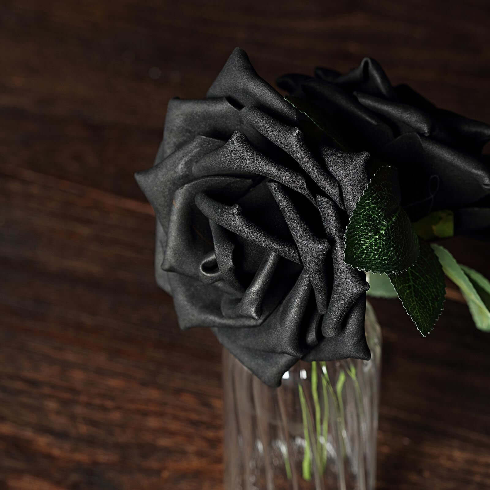 24 Roses 5 Black Artificial Foam Flowers With Stem Wire and Leaves