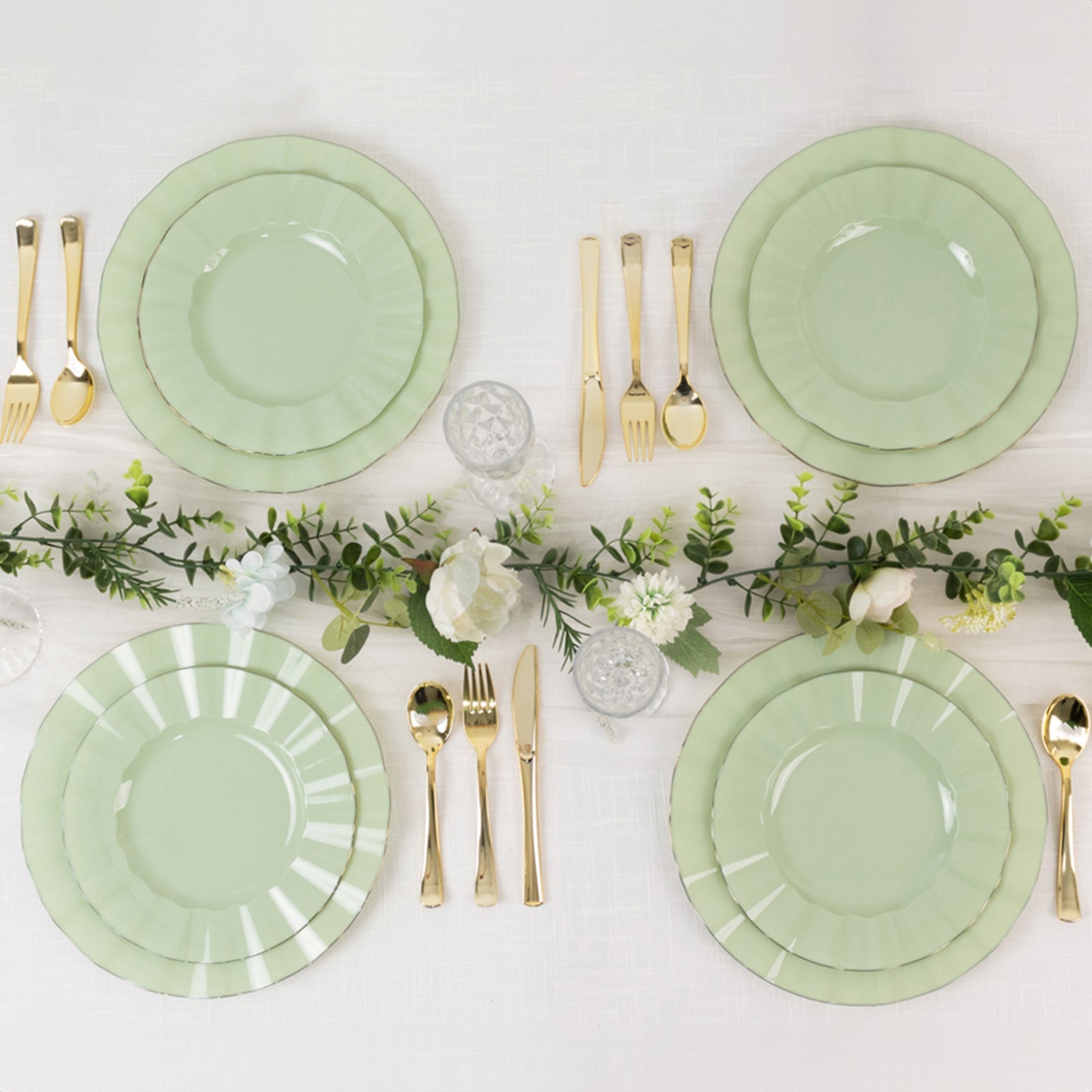 10-Pack Plastic Round 6 Dessert Plates in Sage Green Ruffled Rim with Gold Edging - Sturdy Disposable Salad Appetizer Dinnerware