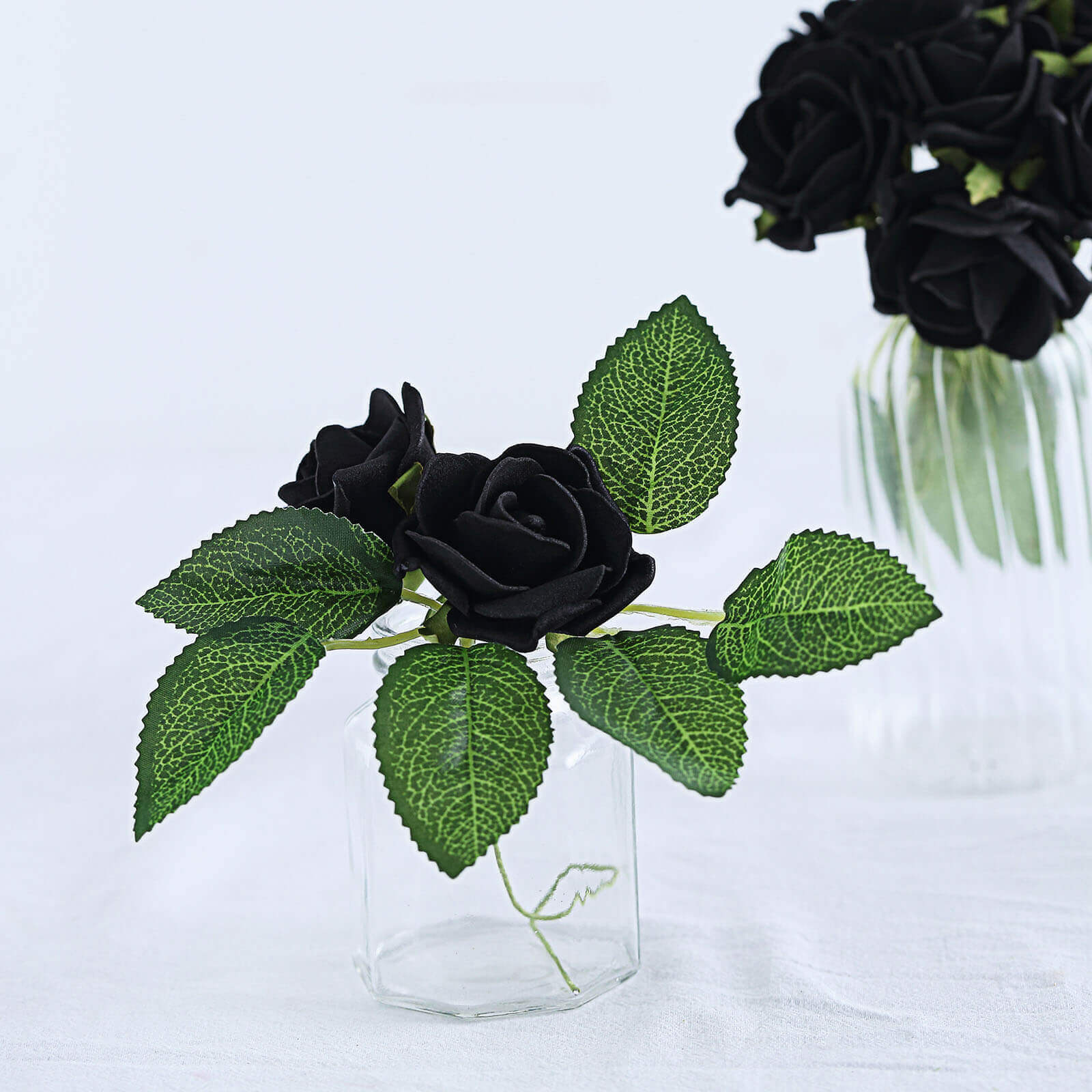 24 Roses 2 Black Artificial Foam Flowers With Stem Wire and Leaves