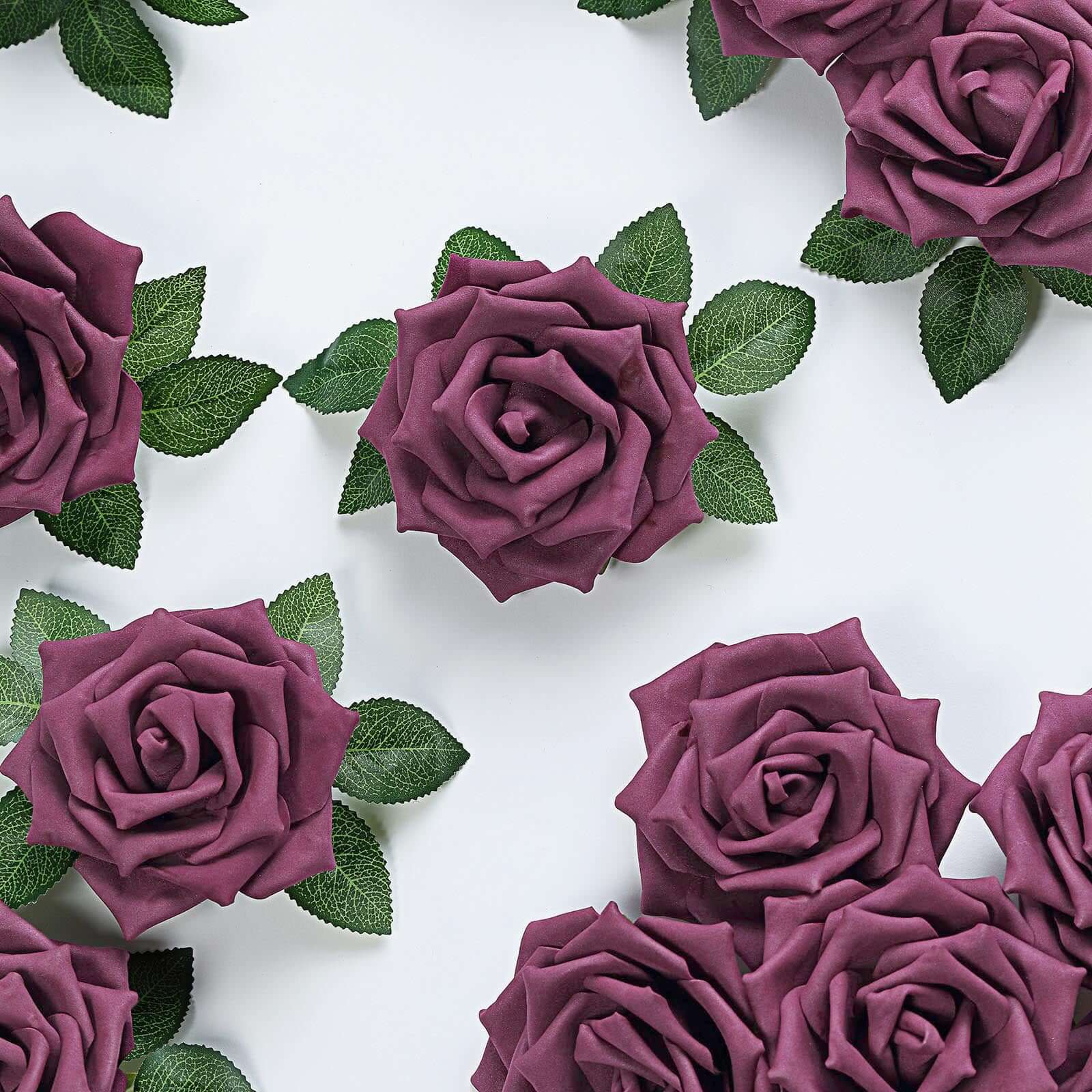 24 Roses 5 Eggplant Artificial Foam Flowers With Stem Wire and Leaves