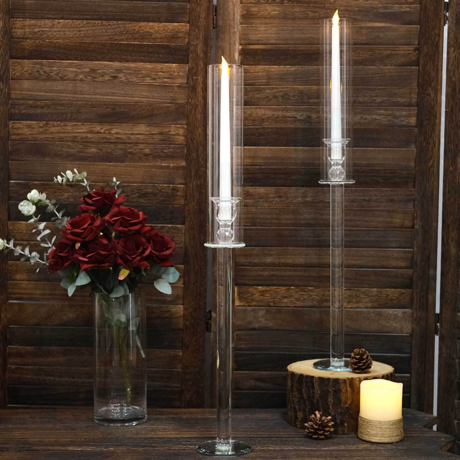 2-Pack Crystal Glass Hurricane Taper Candle Holders, Tall Decorative Candle Stands Clear Cylinder Chimney Tubes 26